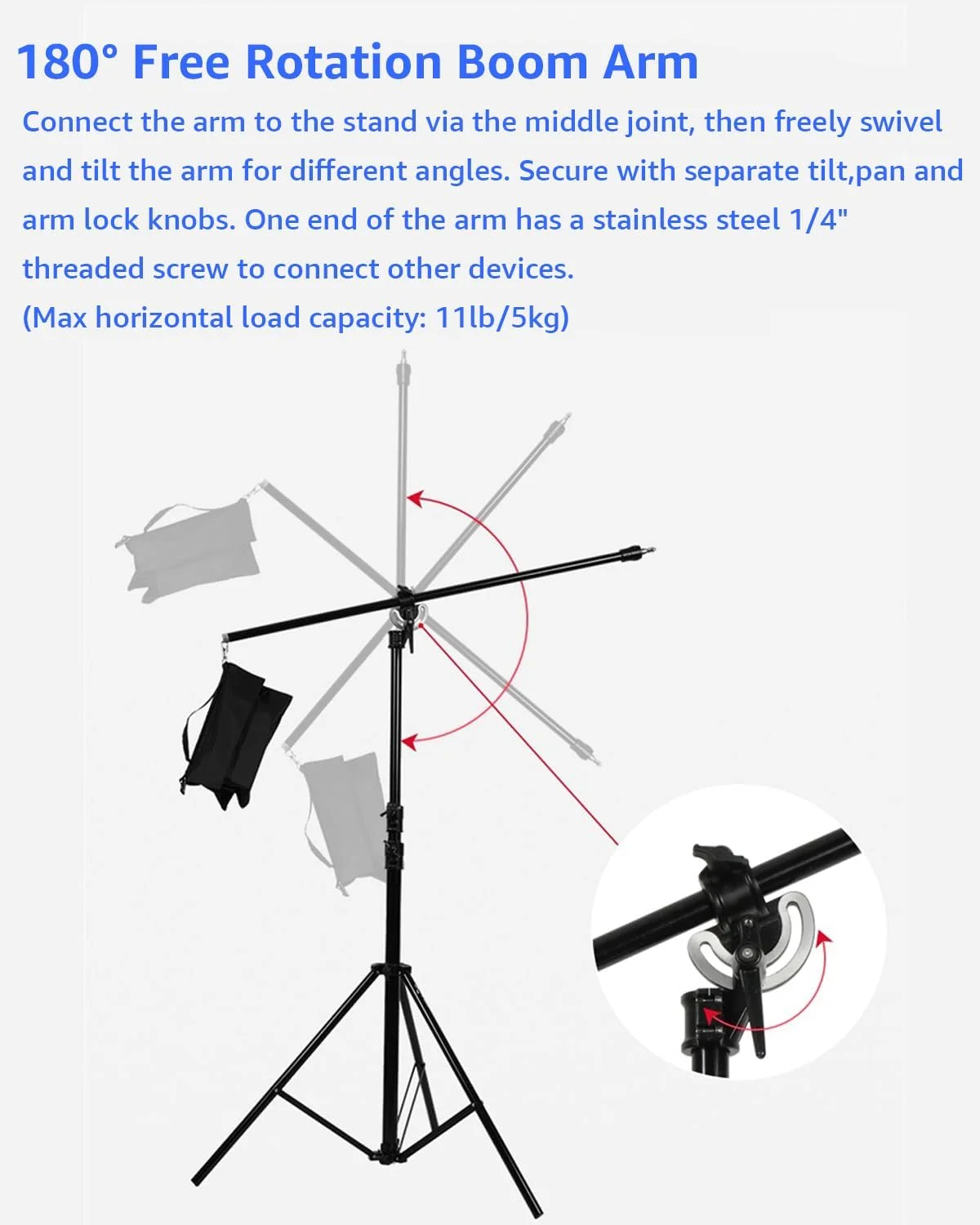 پایه نور آلومینیومی Amaran، پایه عکاسی قابل تنظیم 2.8 متری با بازوی بوم، کیسه شن، پیچ 1/4 اینچی برای سافت باکس، نور استودیویی، فلاش، چتر، رینگ لایت، دوربین، حداکثر بار 5 کیلوگرم