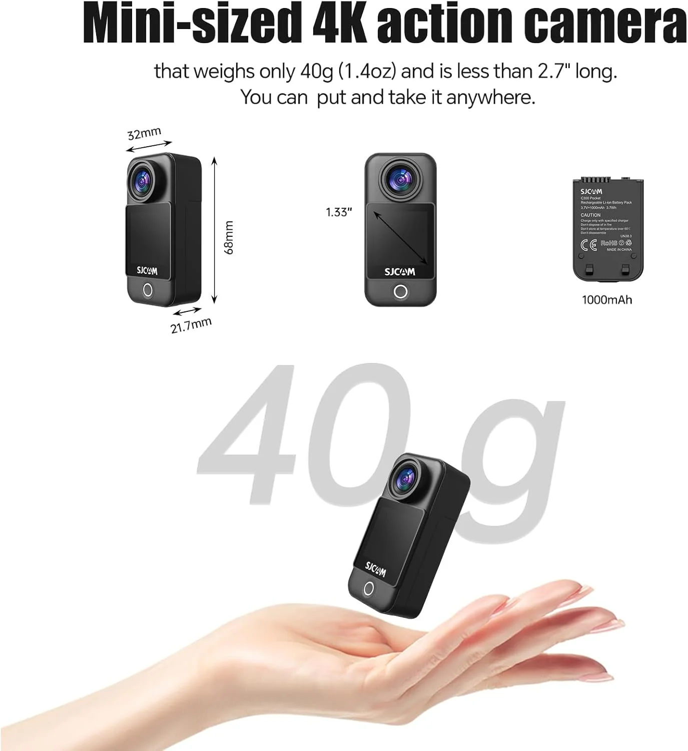 دوربین اکشن جیبی SJCAM C300، دوربین بدنه 4K، لرزشگیر، ضد آب، صفحه لمسی، کوچک و پوشیدنی، دوربین مینی POV، باتری دوگانه قابل جابجایی، همراه با کیت نصب کلاه ایمنی، مشکی - تصویر 2