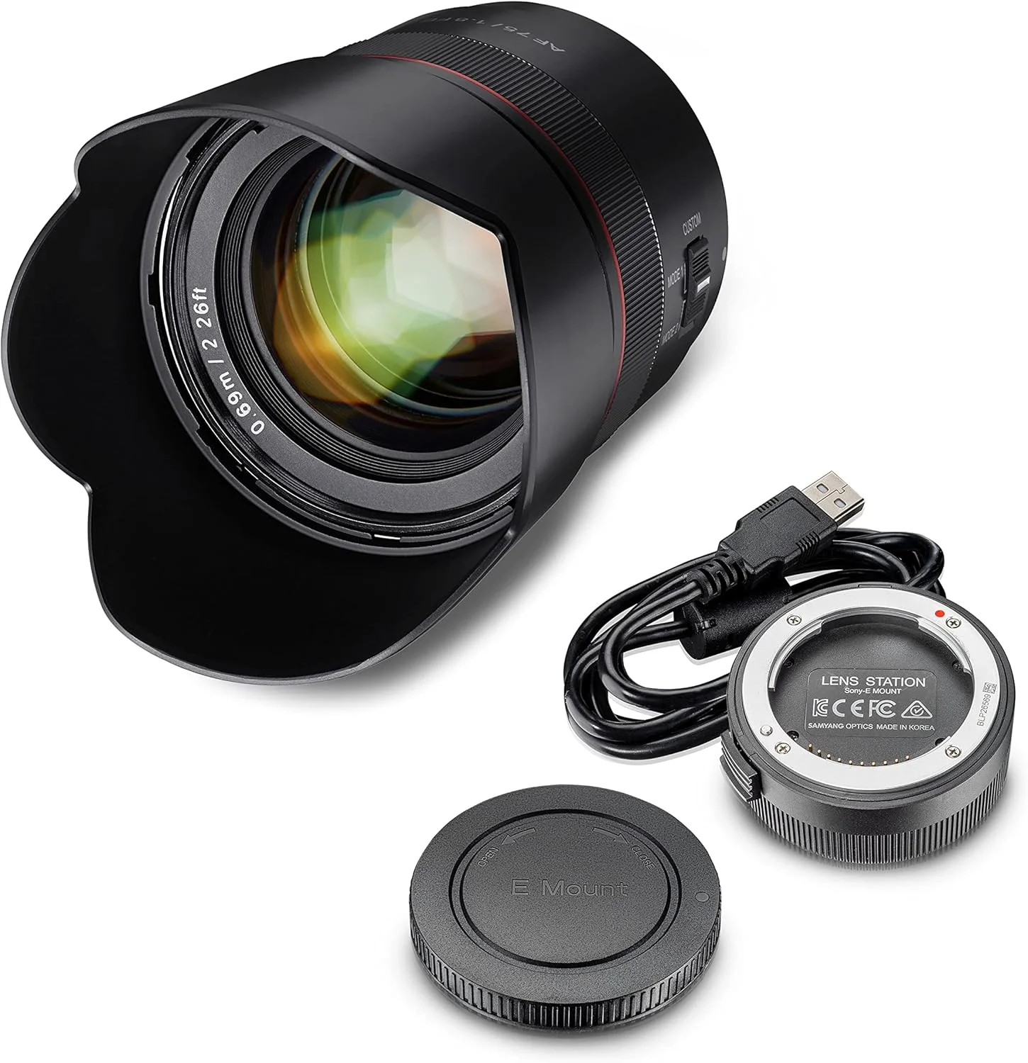 لنز سامیانگ AF 75 mm F1.8 FE + داک لنز برای سونی E، لنز پرتره برای فول فریم و APS-C، زاویه دید 32.9 درجه و فوکوس خودکار سریع، فاصله کانونی ثابت برای سونی A7C، A7 III، A6100 و دیگران