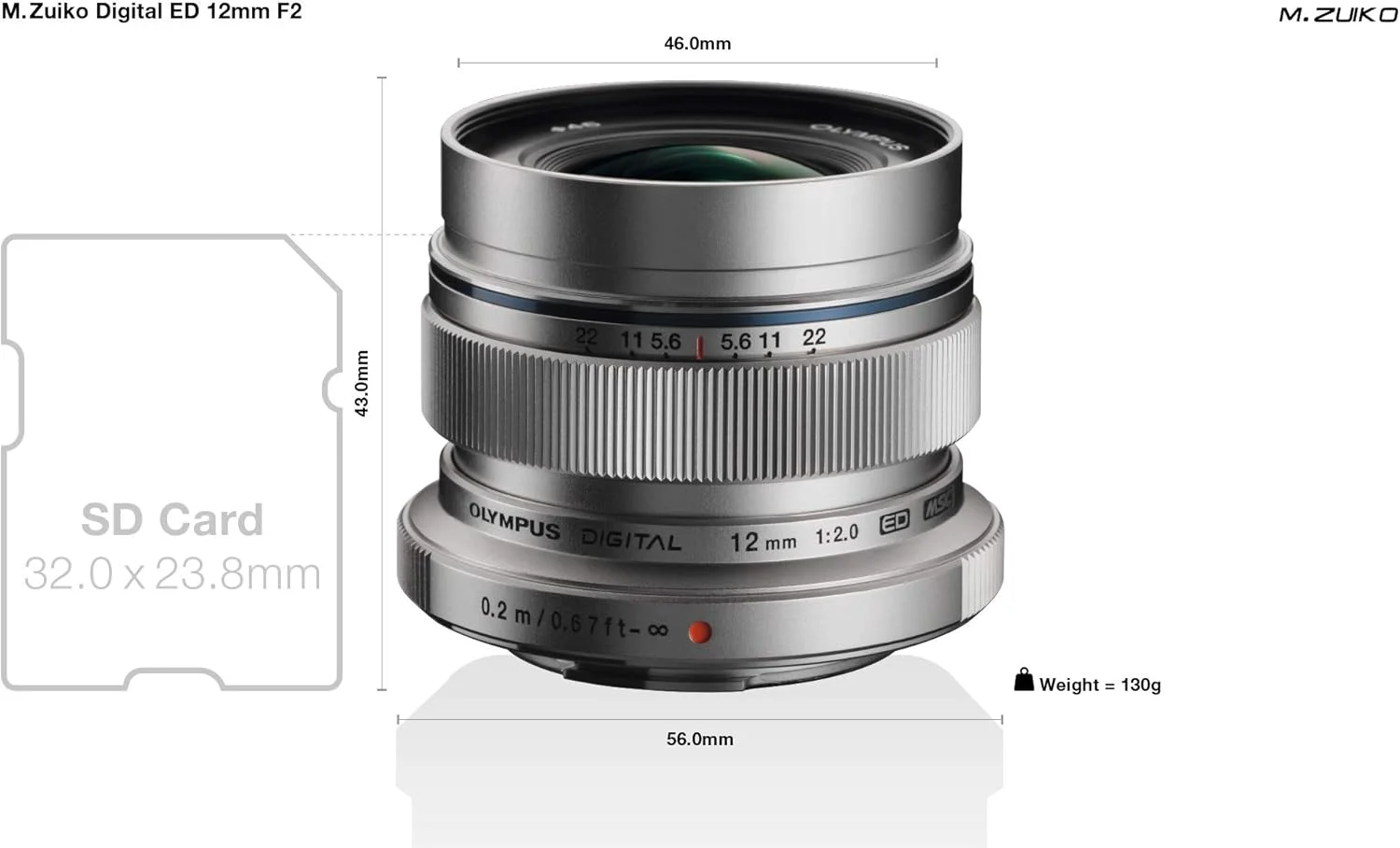 لنز OM SYSTEM Olympus M.Zuiko Digital ED 12 mm F2.0، طول کانونی ثابت سریع، مناسب برای تمام دوربین های MFT (مدل های Olympus OM-D & PEN، سری Panasonic G)، نقره ای