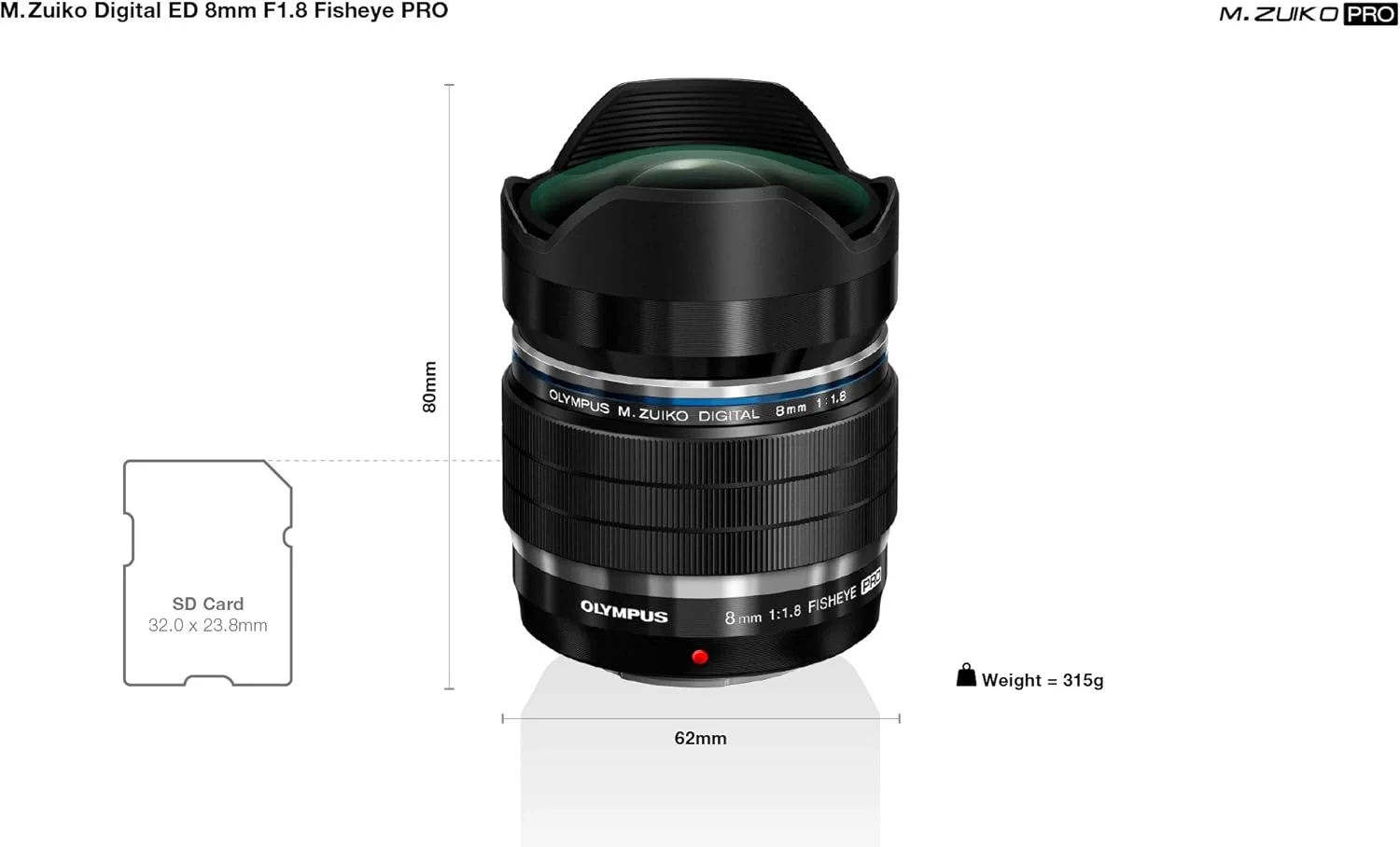 لنز Olympus M.Zuiko Digital ED 8 mm F1.8 PRO، فاصله کانونی ثابت سریع، مناسب برای همه دوربین های MFT (مدل های Olympus OM-D & PEN، سری Panasonic G)، مشکی