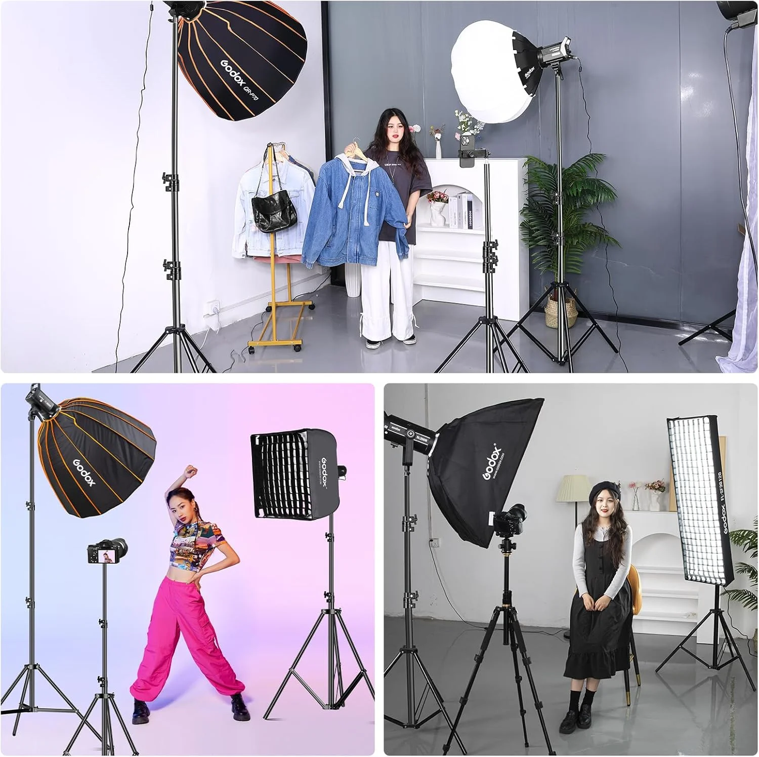 گودکس 2 عدد پایه نور 3 متری فلزی سنگین وزن قابل تنظیم با فنربندی و سه پایه مشکی قابل حمل به همراه 2 عدد براکت نگهدارنده فلاش اکسترنال نوع E و 2 عدد کیف حمل برای استودیو عکس و فیلم