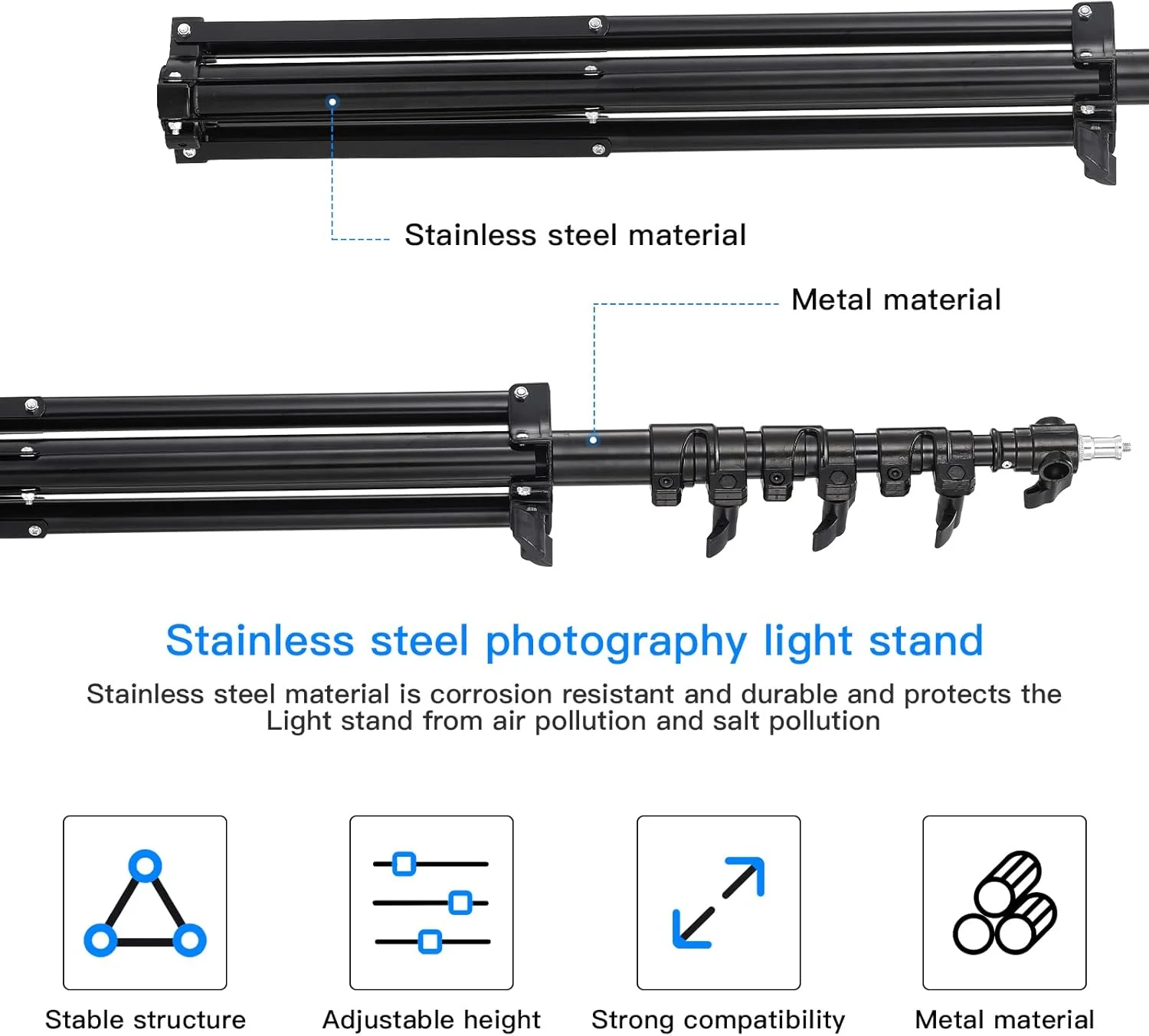 گودکس 2 عدد پایه نور 3 متری فلزی سنگین وزن قابل تنظیم با فنربندی و سه پایه مشکی قابل حمل به همراه 2 عدد براکت نگهدارنده فلاش اکسترنال نوع E و 2 عدد کیف حمل برای استودیو عکس و فیلم