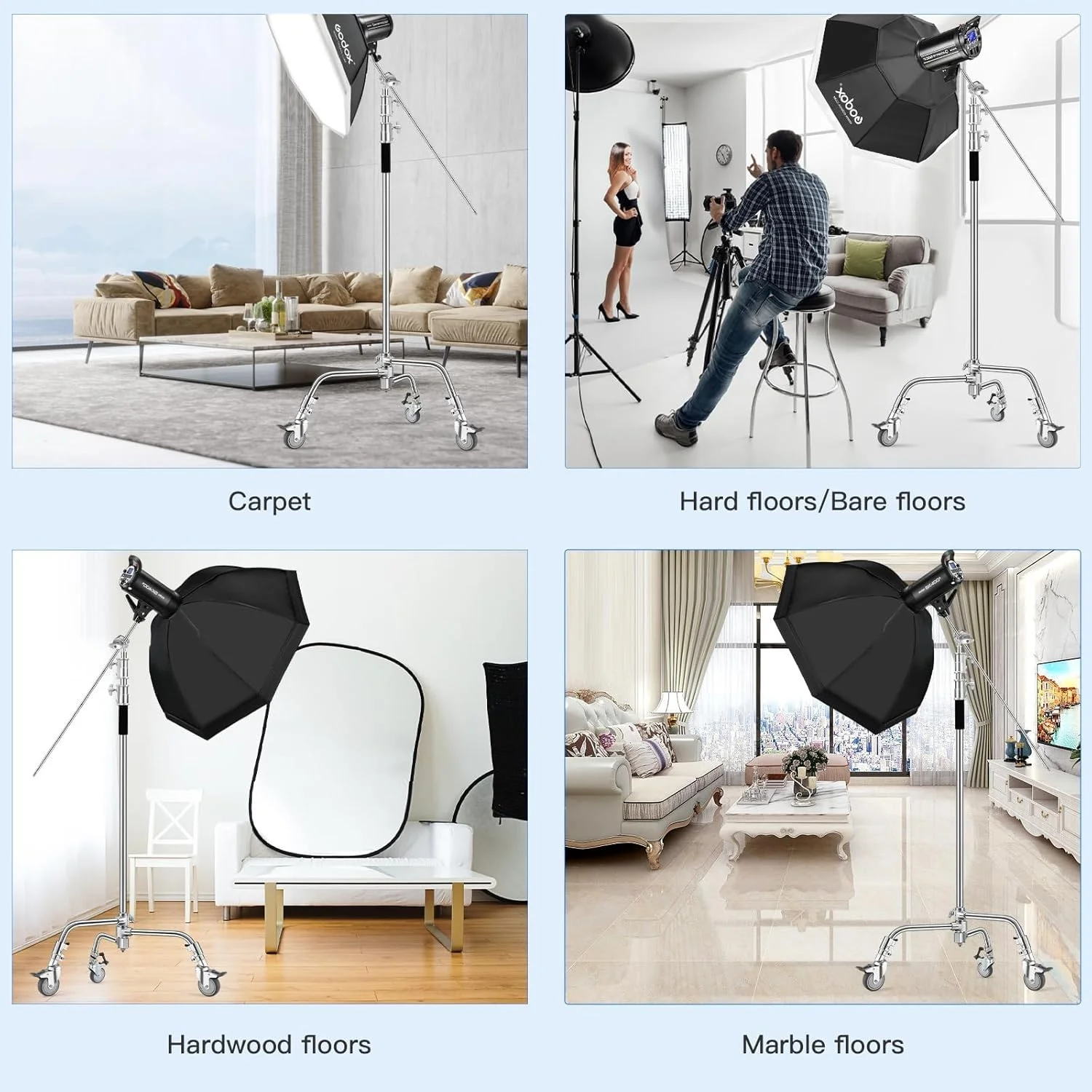 چرخ های پایه نور حرفه ای eWINNER، قطر نصب 25 میلی متر، چرخ های چند جهته با قطر 75 میلی متر با عملکرد قفل، چرخ های پایه نور برای استودیو عکاسی و فیلمبرداری