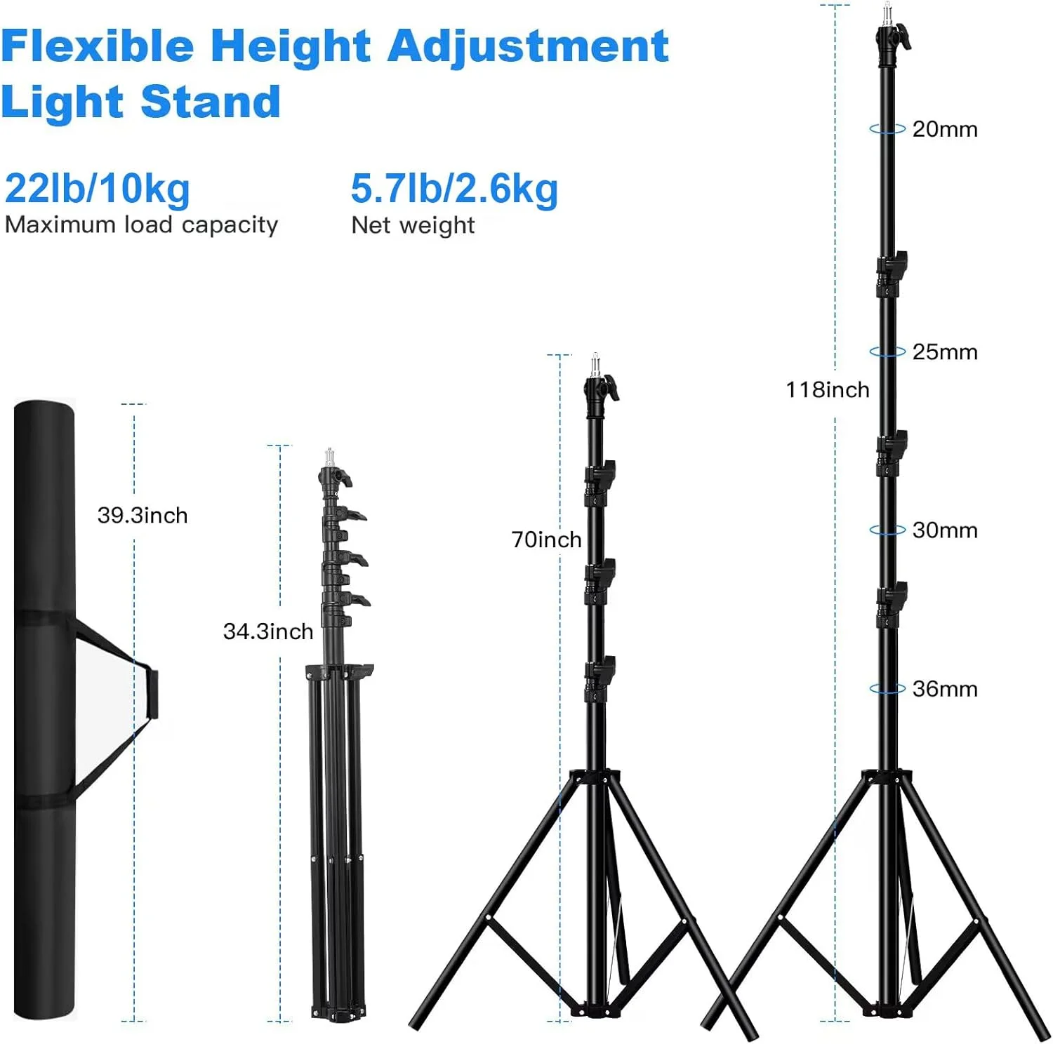 گودکس 2 عدد پایه نور 3 متری فلزی سنگین وزن قابل تنظیم با فنربندی و سه پایه مشکی قابل حمل به همراه 2 عدد براکت نگهدارنده فلاش اکسترنال نوع E و 2 عدد کیف حمل برای استودیو عکس و فیلم