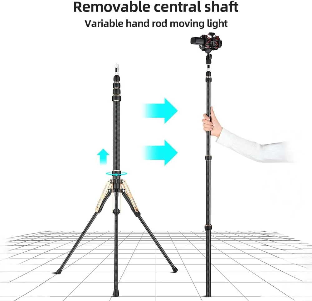 پایه سه پایه قابل حمل Andoer 222cm/87.4in، پایه نور ویدئو فیبر کربنی 5 قسمتی قابل تنظیم با ستون مرکزی جداشدنی پیچ 1/4 اینچ 3/8 اینچ برای نور ویدئویی LED، فلاش، سافت باکس، رفلکتور پایه سه پایه قابل حمل Andoer 222cm/87.4in، پایه نور ویدئو فیبر کربنی 5 قسمتی قابل تنظیم با ستون مرکزی جداشدنی پیچ 1/4 اینچ 3/8 اینچ برای نور ویدئویی LED، فلاش، سافت باکس، رفلکتور