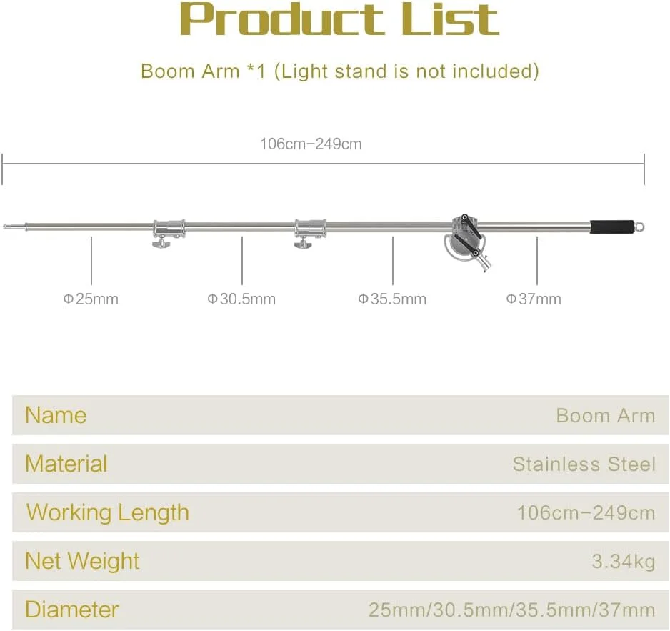 AECAM - کیت استیل بازوی متقاطع پایه نور 2.9 متری به همراه کیسه وزنه، لوازم جانبی استودیو عکاسی میله افزایش طول 2.49 متری (فقط بازوی بوم)