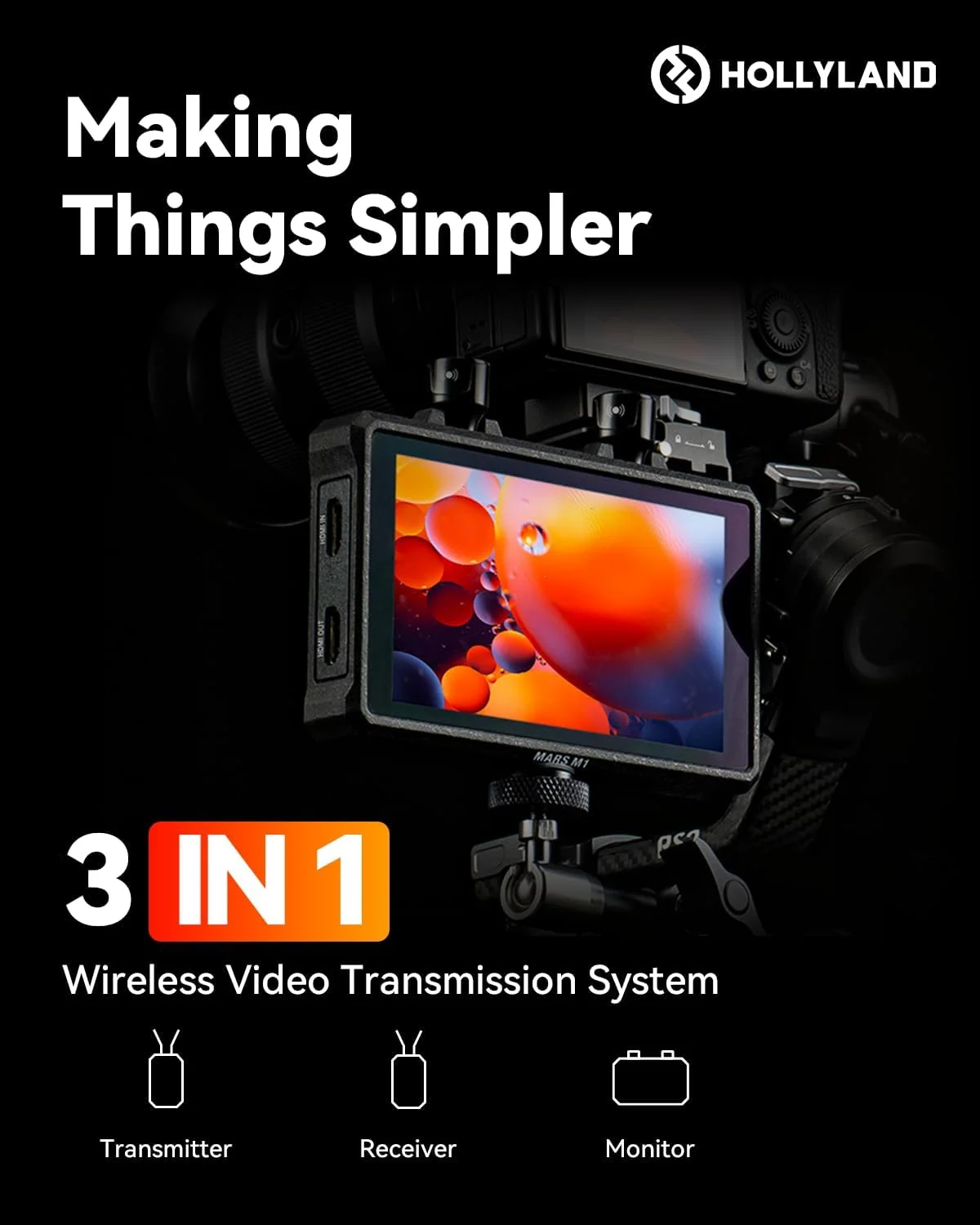 فرستنده، گیرنده و مانیتور بیسیم پیشرفته Hollyland Mars M1، 3 در 1، سیستم انتقال ویدیوی بیسیم SDI/HDMI با برد 150 متری و تاخیر بسیار کم 0.08 ثانیه، کیت انفرادی فرستنده، گیرنده و مانیتور بیسیم پیشرفته Hollyland Mars M1، 3 در 1، سیستم انتقال ویدیوی بیسیم SDI/HDMI با برد 150 متری و تاخیر بسیار کم 0.08 ثانیه، کیت انفرادی