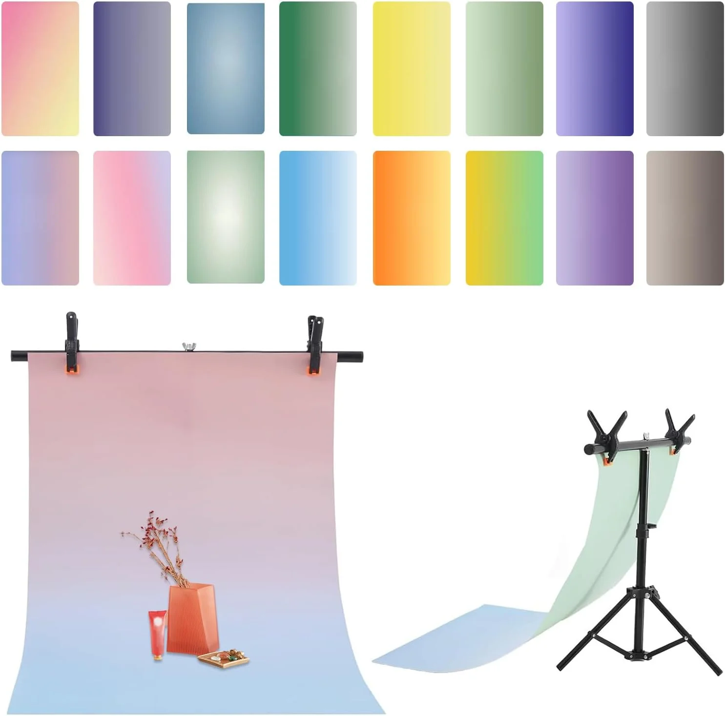 ZUOMIDIE مجموعه 8 عددی کاغذ پس زمینه گرادیانی عکاسی با 16 طرح به همراه پایه T شکل، ضد آب دو طرفه قابل استفاده مجدد 34x22 اینچ، پس زمینه رومیزی موراندی برای عکاسی مواد غذایی، جواهرات، شیرینی و لوازم آرایشی