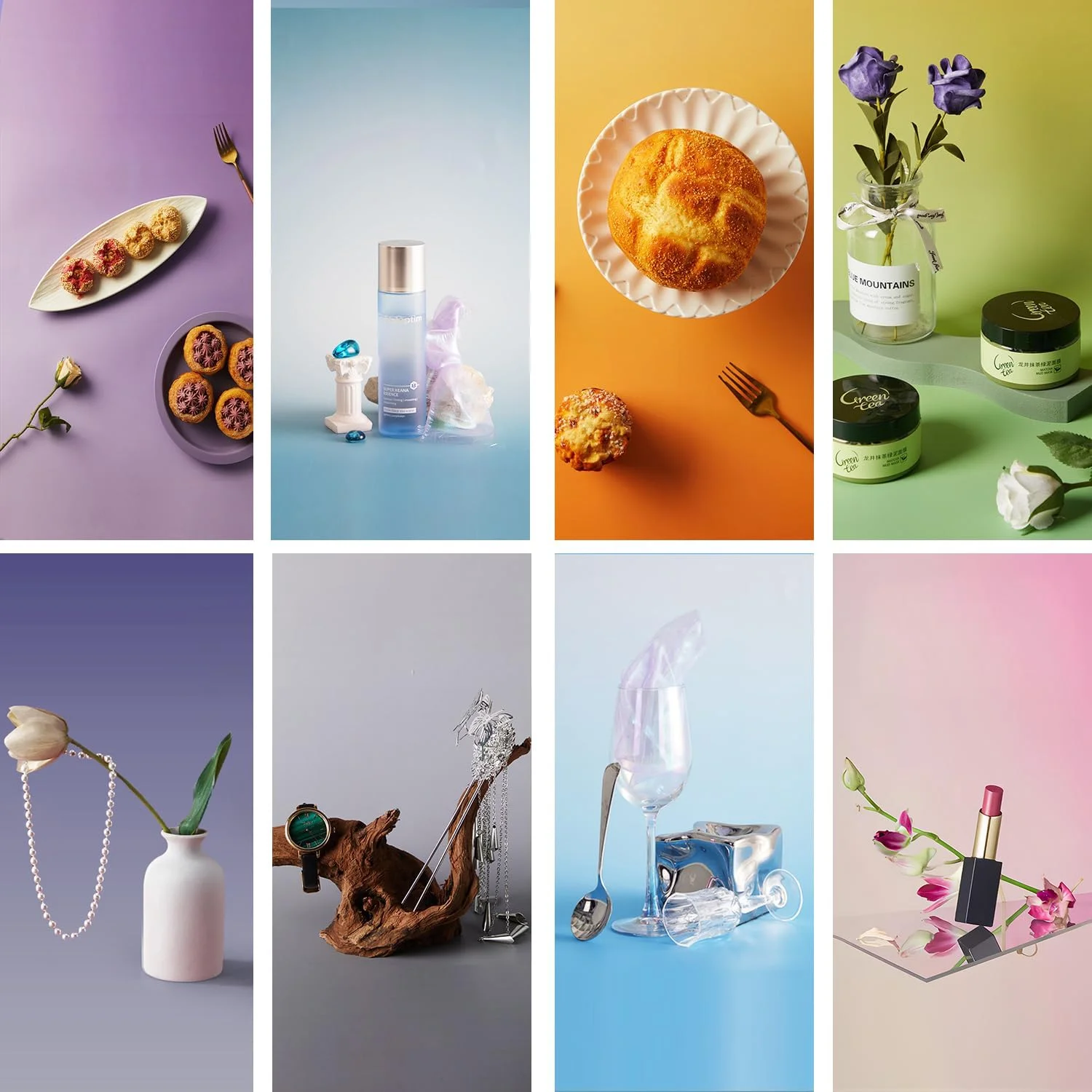 ZUOMIDIE مجموعه 8 عددی کاغذ پس زمینه گرادیانی عکاسی با 16 طرح به همراه پایه T شکل، ضد آب دو طرفه قابل استفاده مجدد 34x22 اینچ، پس زمینه رومیزی موراندی برای عکاسی مواد غذایی، جواهرات، شیرینی و لوازم آرایشی