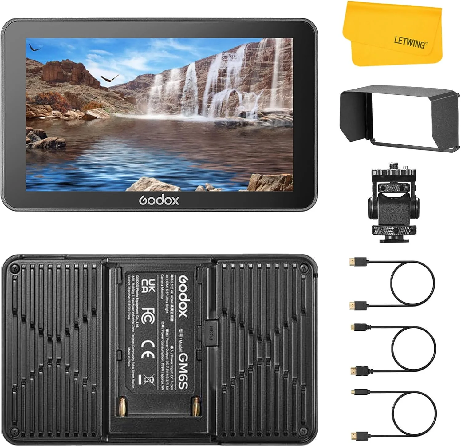 مانیتور دوربین گودکس GM6S مانیتور ویدئویی 5.5 اینچی 4K HDMI مانیتور فوق العاده روشن 1920x1080 IPS صفحه لمسی، ورودی و خروجی 3D LUT Type-C/باتری لیتیومی/DC مانیتور دوربین با آفتابگیر