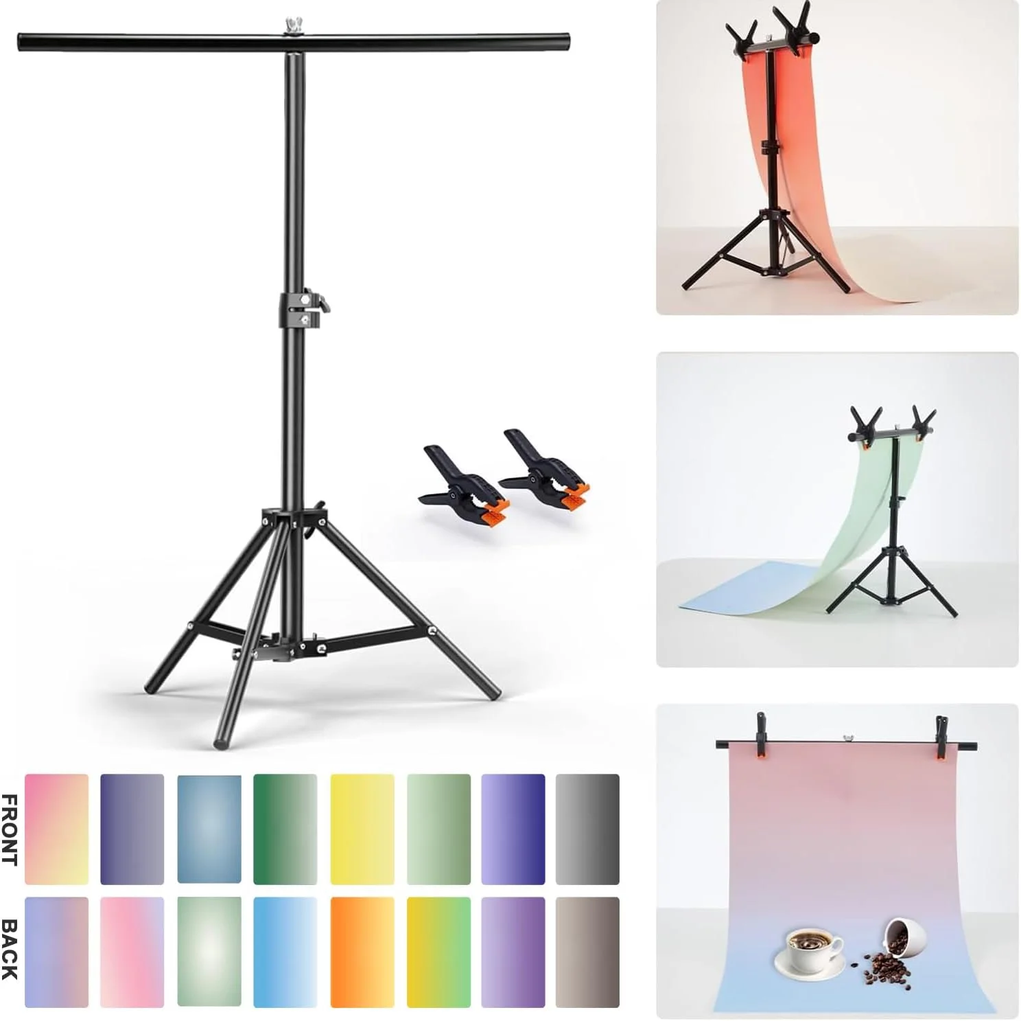 ZUOMIDIE مجموعه 8 عددی کاغذ پس زمینه گرادیانی عکاسی با 16 طرح به همراه پایه T شکل، ضد آب دو طرفه قابل استفاده مجدد 34x22 اینچ، پس زمینه رومیزی موراندی برای عکاسی مواد غذایی، جواهرات، شیرینی و لوازم آرایشی