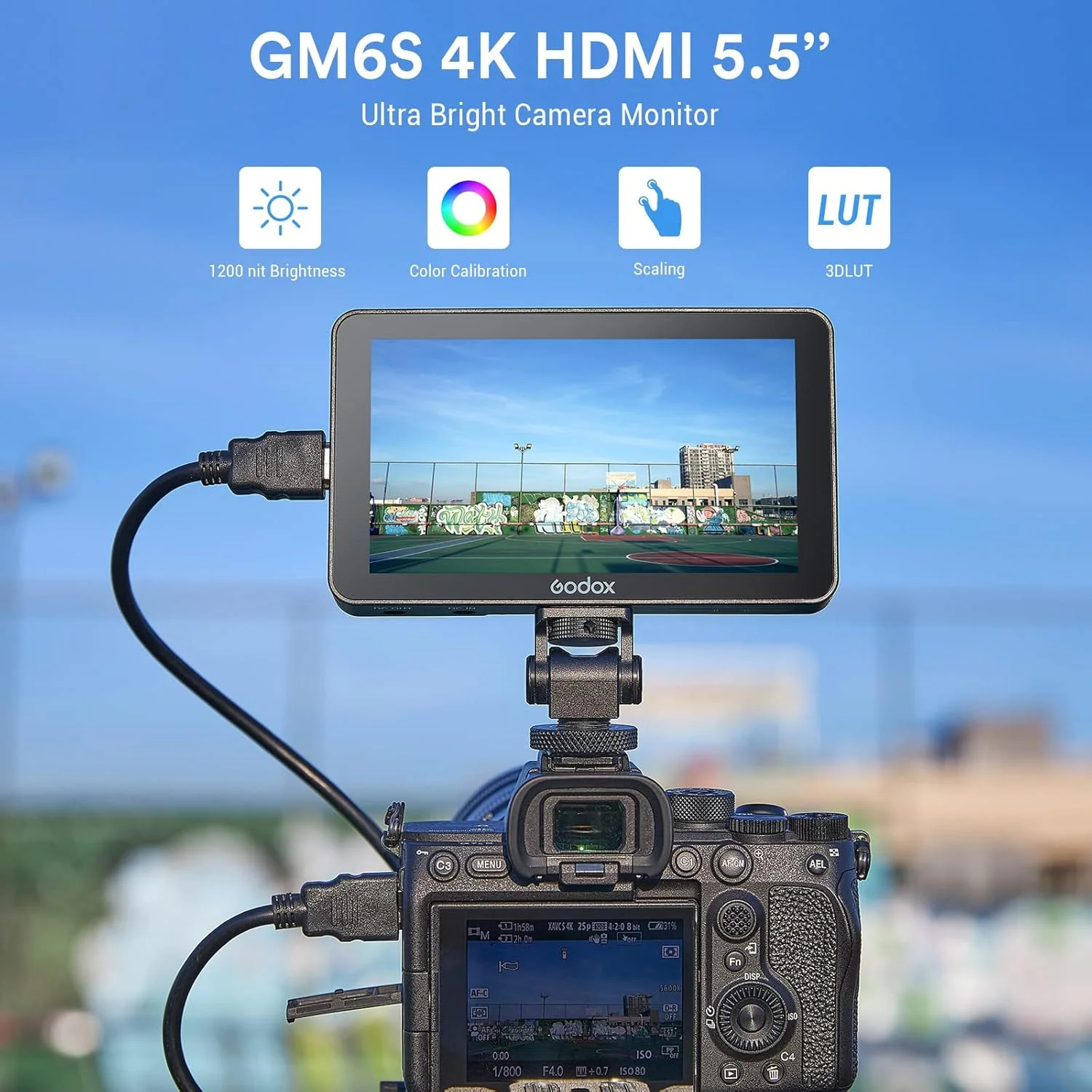 مانیتور دوربین گودکس GM6S مانیتور ویدئویی 5.5 اینچی 4K HDMI مانیتور فوق العاده روشن 1920x1080 IPS صفحه لمسی، ورودی و خروجی 3D LUT Type-C/باتری لیتیومی/DC مانیتور دوربین با آفتابگیر