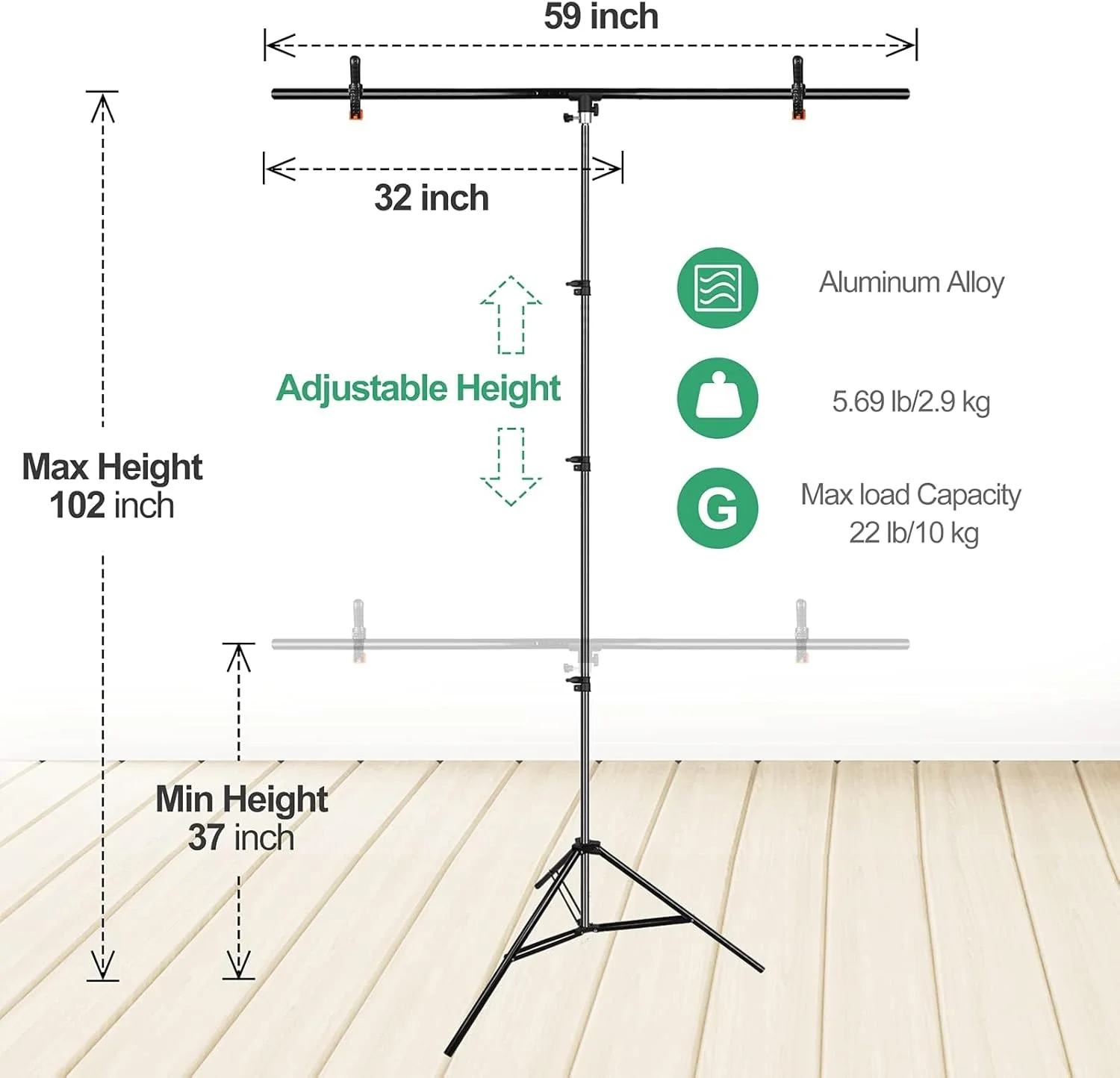 پرده سبز پس زمینه ایمارت با پایه، 1.5x2.0 متر به همراه پایه نگهدارنده T شکل 1.5x2.6 متر، کیت استودیوی عکاسی برای کروماکی، ویدیو، فیلمبرداری، استریمینگ