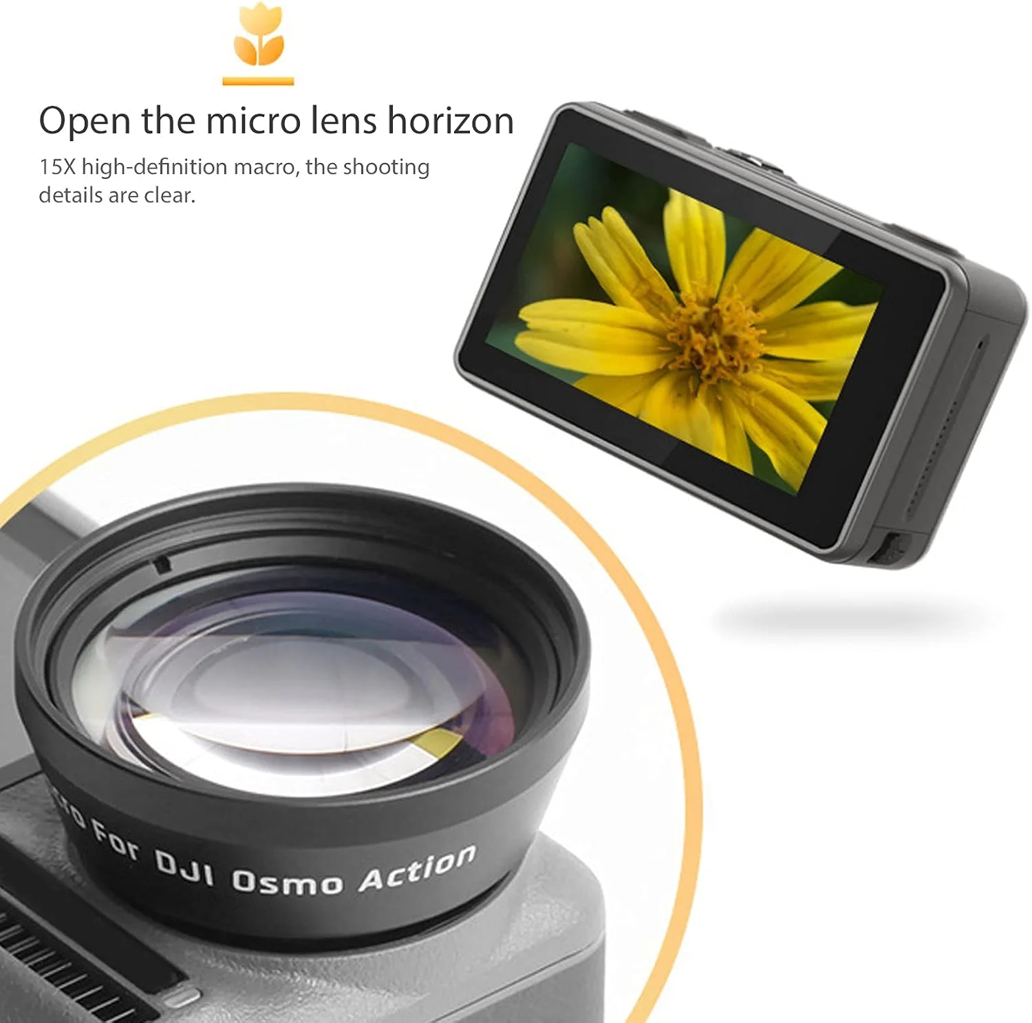 لنز ماکرو 15X برای دوربین اکشن Osmo، شیشه اپتیکال با کیفیت بالا، فناوری پوشش چند لایه، جنس آلیاژ آلومینیوم، طراحی جمع و جور، شکل شیک، حمل آسان