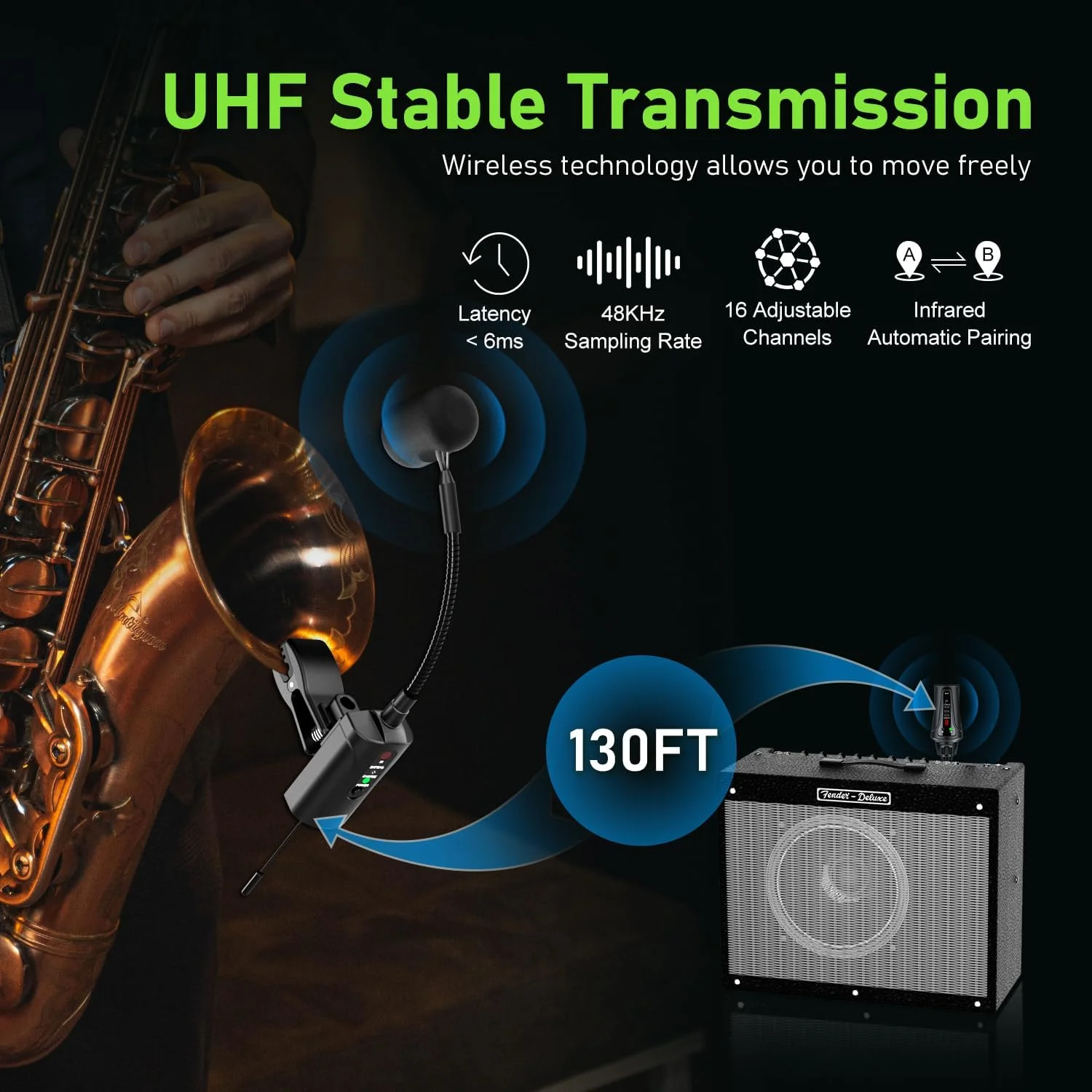 میکروفون بی سیم ساکسیفون ACEMIC، فرستنده و گیرنده بی سیم UHF گیره ای ساز موسیقی برای ساکسیفون، ترومپت، تدریس، ST-5
