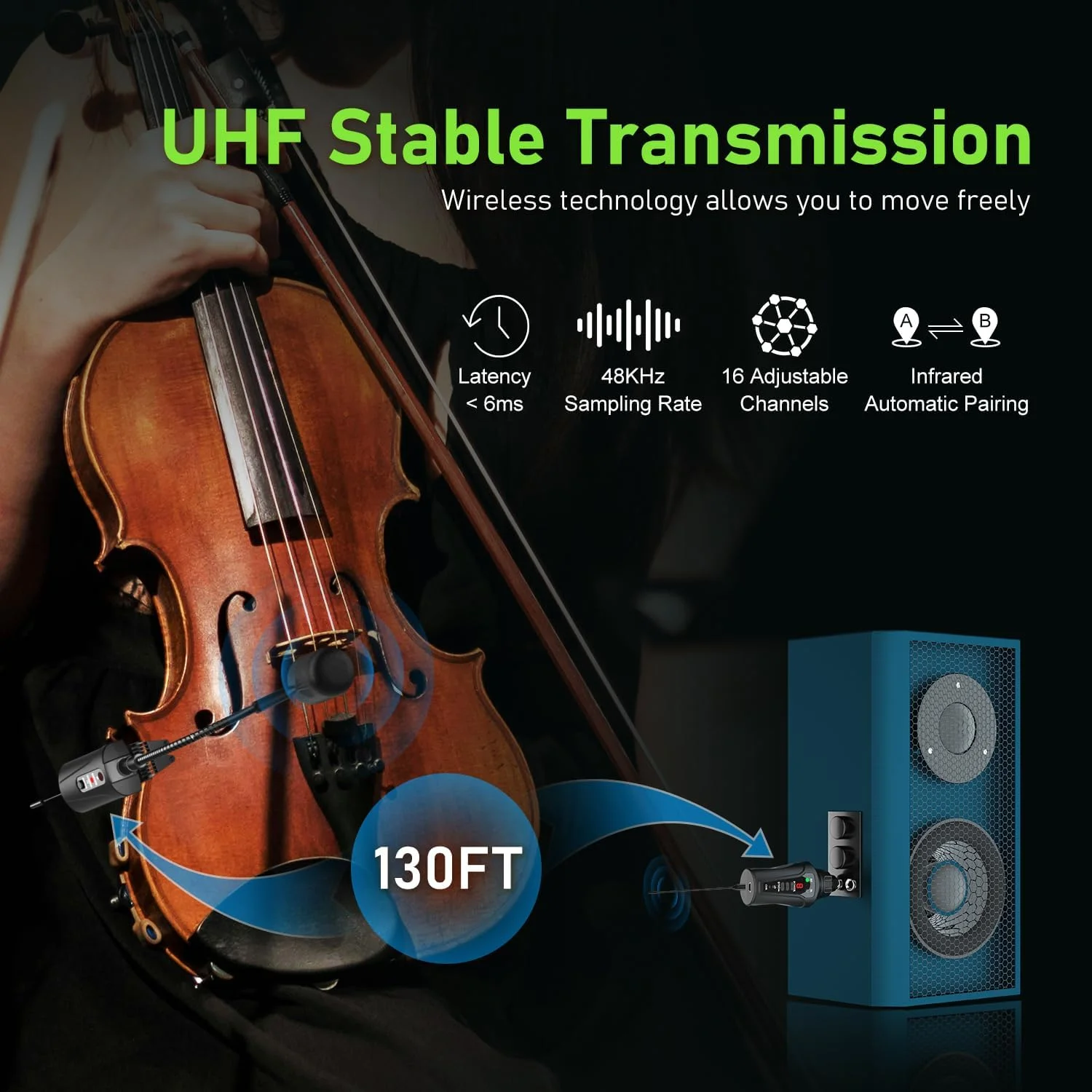 میکروفون ویولن بی‌سیم، میکروفون بی‌سیم UHF قابل حمل برای سازهای موسیقی با فرستنده و گیرنده 6.35 میلی‌متری برای نوازندگان، معلمان، اجراهای صحنه‌ای VT-5