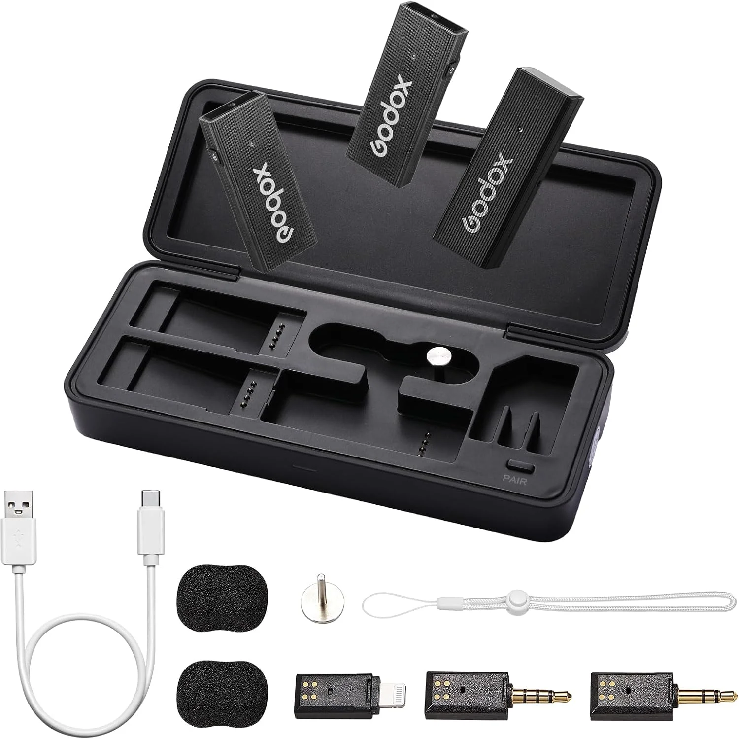 کیت میکروفون یقه ای بی سیم GODOX Movelink Mini LT، 2.4 گیگاهرتز، برد 100 متر، 2 فرستنده + 1 گیرنده با جعبه شارژ برای آیفون، کامپیوتر، لایتنینگ، تلفن هوشمند، دوربین، ولاگ، مصاحبه (مشکی)