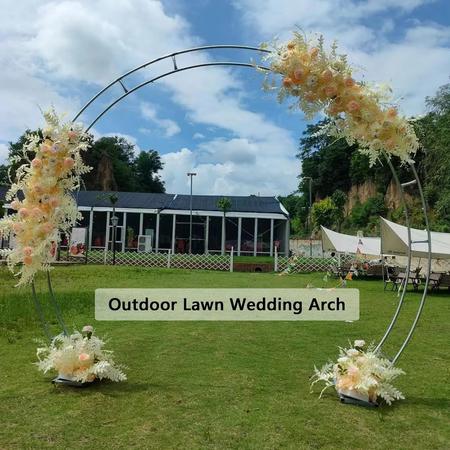 استند پس زمینه طاق گرد طلایی سفید برای تزئین جشن تولد، مهمانی عروسی و جشن نوزاد، قاب طاق بادکنک دایره ای پایدار، استند پس زمینه گرد (2.8x3.2 متر)