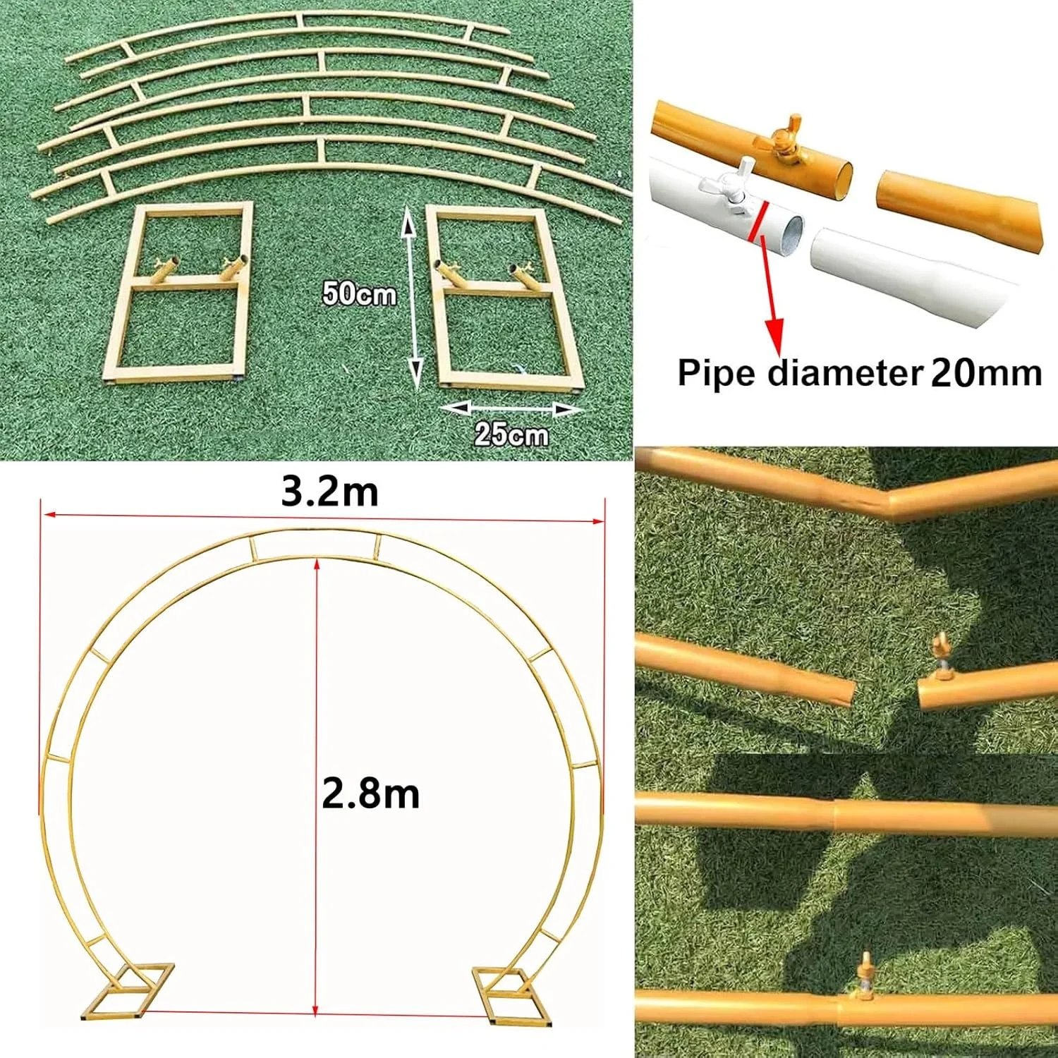 استند پس زمینه طاق گرد طلایی سفید برای تزئین جشن تولد، مهمانی عروسی و جشن نوزاد، قاب طاق بادکنک دایره ای پایدار، استند پس زمینه گرد (2.8x3.2 متر)