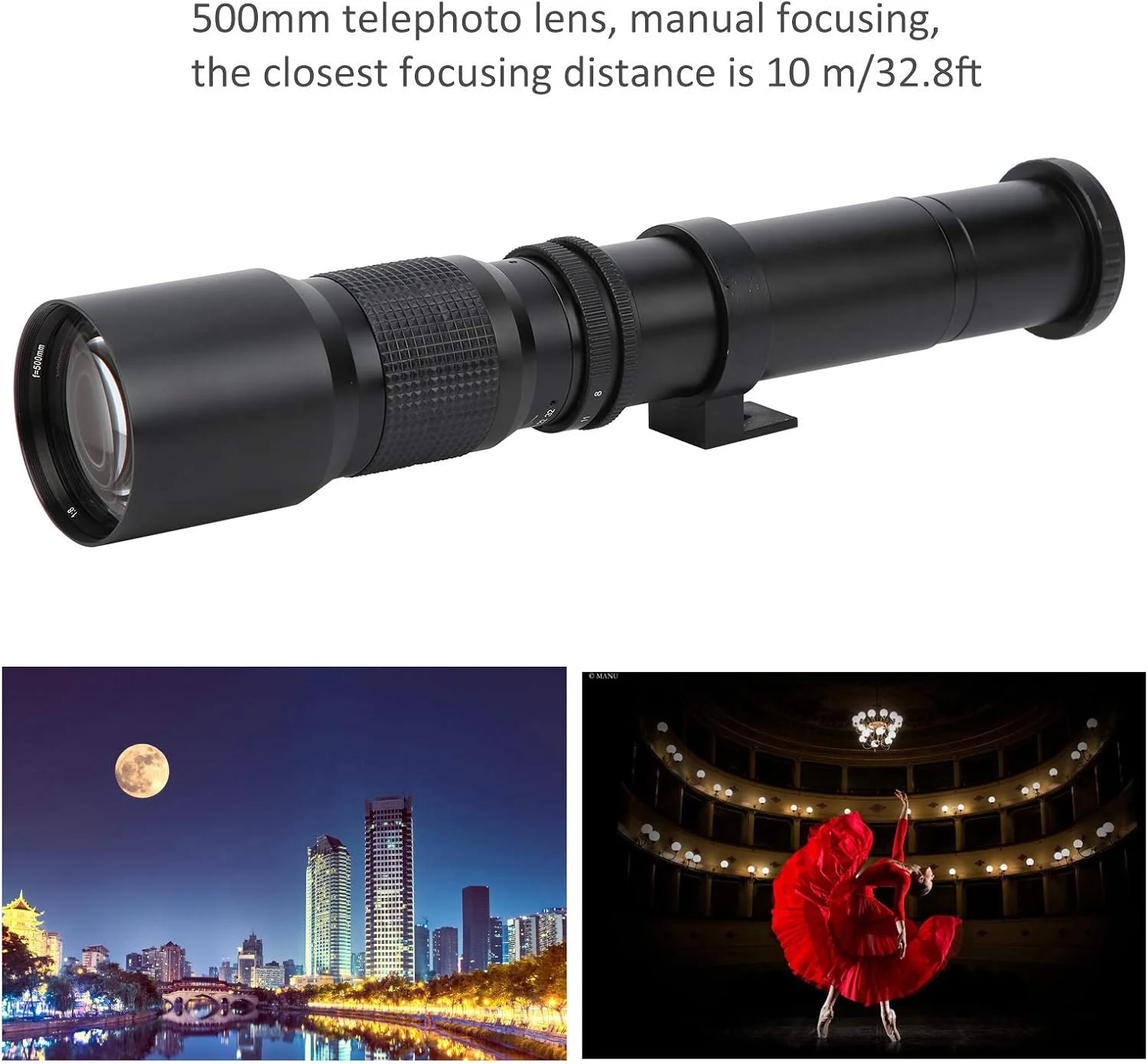 لنز تله فوتو 500mm F8F32 با فوکوس دستی - به همراه تله کانورتور 2X - لنز تله فوتو دوربین قابل حمل - ساختار تمام فلزی - برای مانت Olympus OM (مشکی)