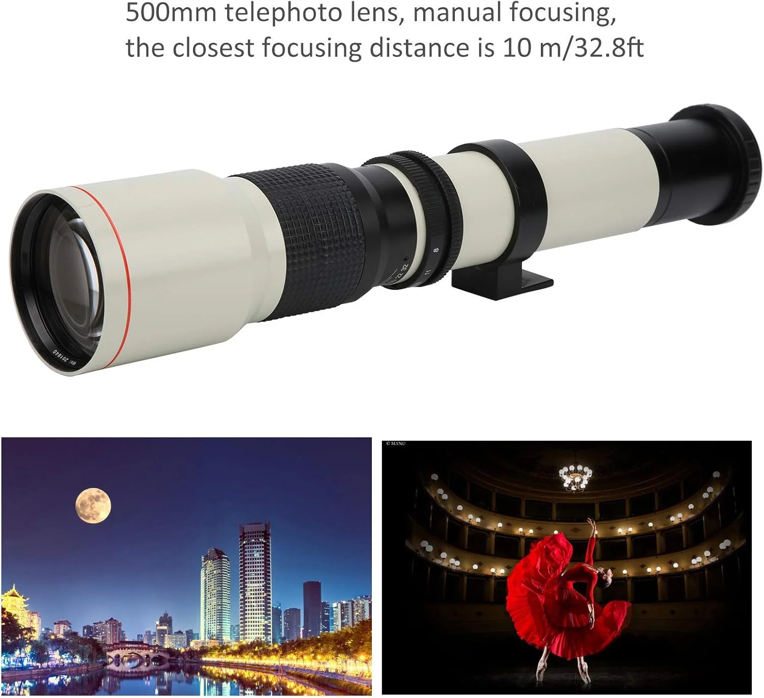 لنز تله فوتو 500 میلی متری F8F32 با فوکوس دستی - همراه با تله کانورتور 2X - لنز تله فوتو دوربین قابل حمل - ساختار تمام فلزی - برای مانت Olympus OM (سفید)