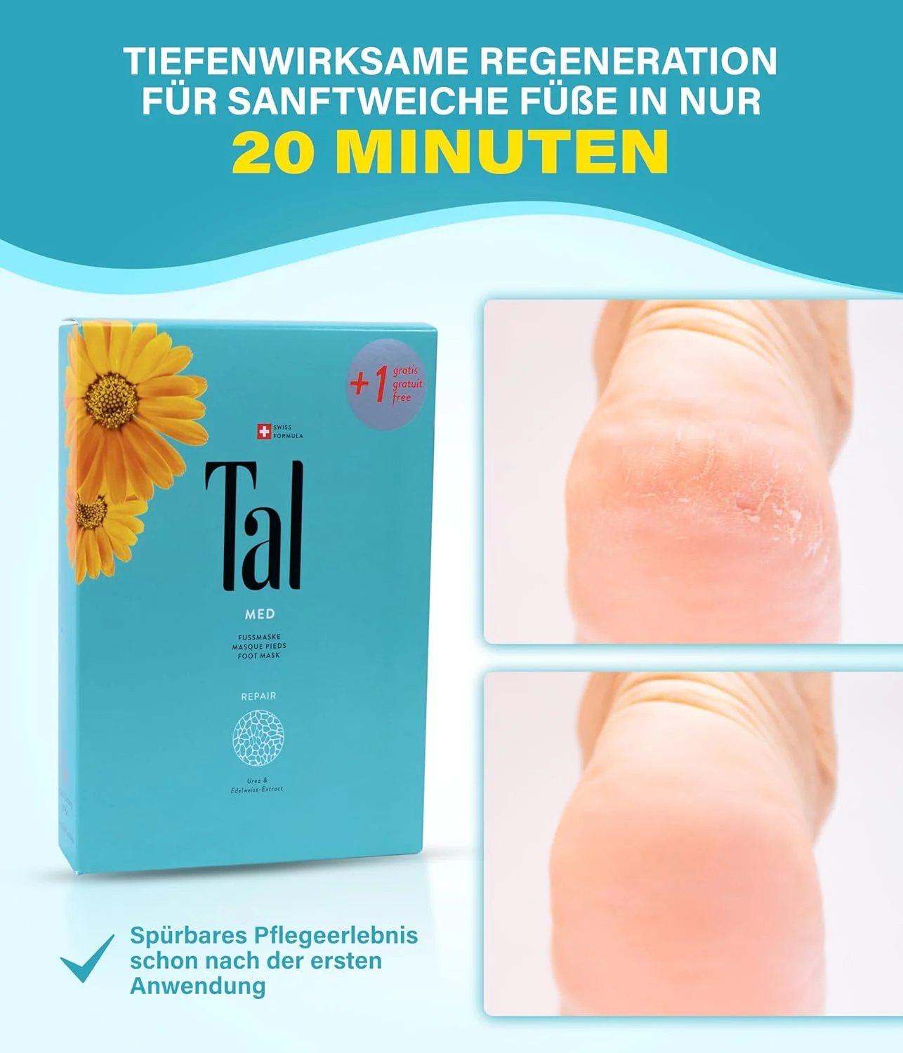 ماسک ترمیم کننده پا Tal Med بسته 6 عددی، بازسازی و تغذیه کننده پاهای خشک در 20 دقیقه، با عصاره ضد التهابی گل ادلوایس، با اثر عمیق، ماسک به شکل جوراب