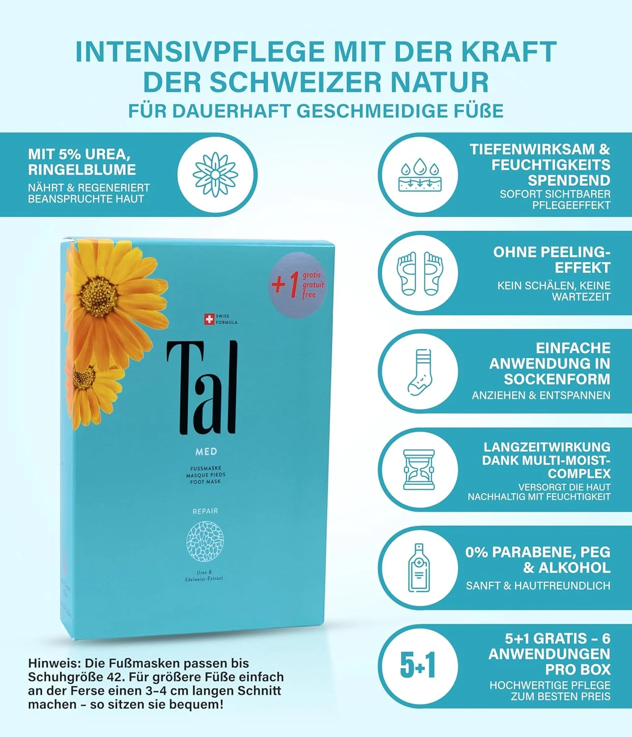 ماسک ترمیم کننده پا Tal Med بسته 6 عددی، بازسازی و تغذیه کننده پاهای خشک در 20 دقیقه، با عصاره ضد التهابی گل ادلوایس، با اثر عمیق، ماسک به شکل جوراب