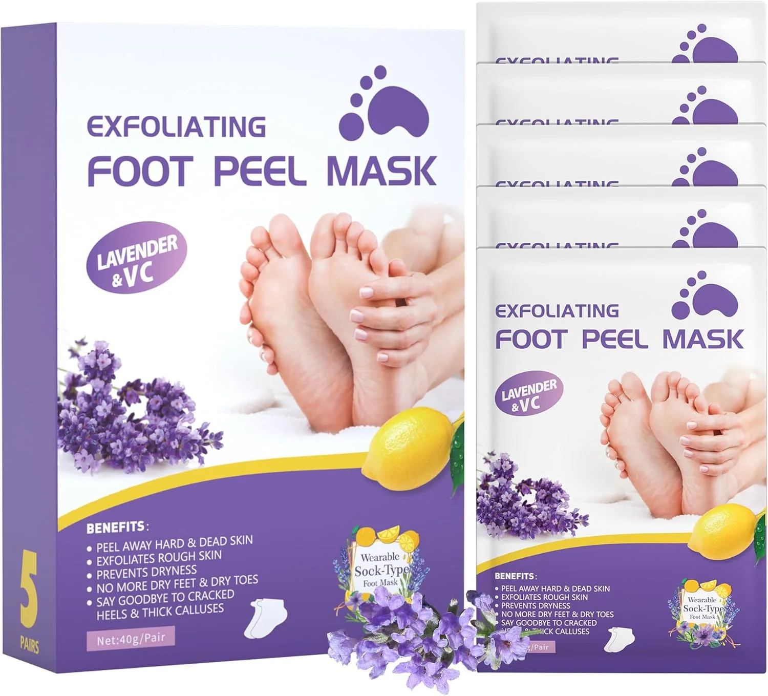 ۵ جفت ماسک لایه بردار پا، ماسک ژلی لایه بردار پا برای خشکی و ترک خوردگی، پینه، از بین بردن پوست مرده پا، ترمیم کلاژن غنی پاشنه های زبر، لمس نرم و صاف، ست هدیه مراقبت از پا مرطوب کننده