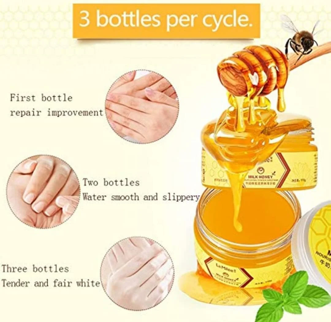 موم عسلی و شیر برای لایه برداری پوست دست، ماسک لایه بردار دست، مراقبت از دست های پیر، ماسک دست، برای پوست های خشک و زبر، مرطوب کننده و تغذیه کننده، لایه بردار، فیلم مراقبت از دست، پارافین، سرم مغذی 110 گرم