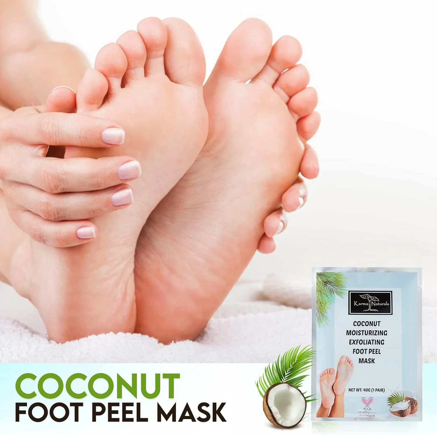 ماسک لایه بردار پا کارما ارگانیک 2 عددی - ماسک لایه بردار نارگیل برای ترمیم پاشنه های ترک خورده، پوست مرده و پینه ها - اثر فوق العاده مرطوب کننده برای پاهای نرم کودکانه [مردان، زنان]