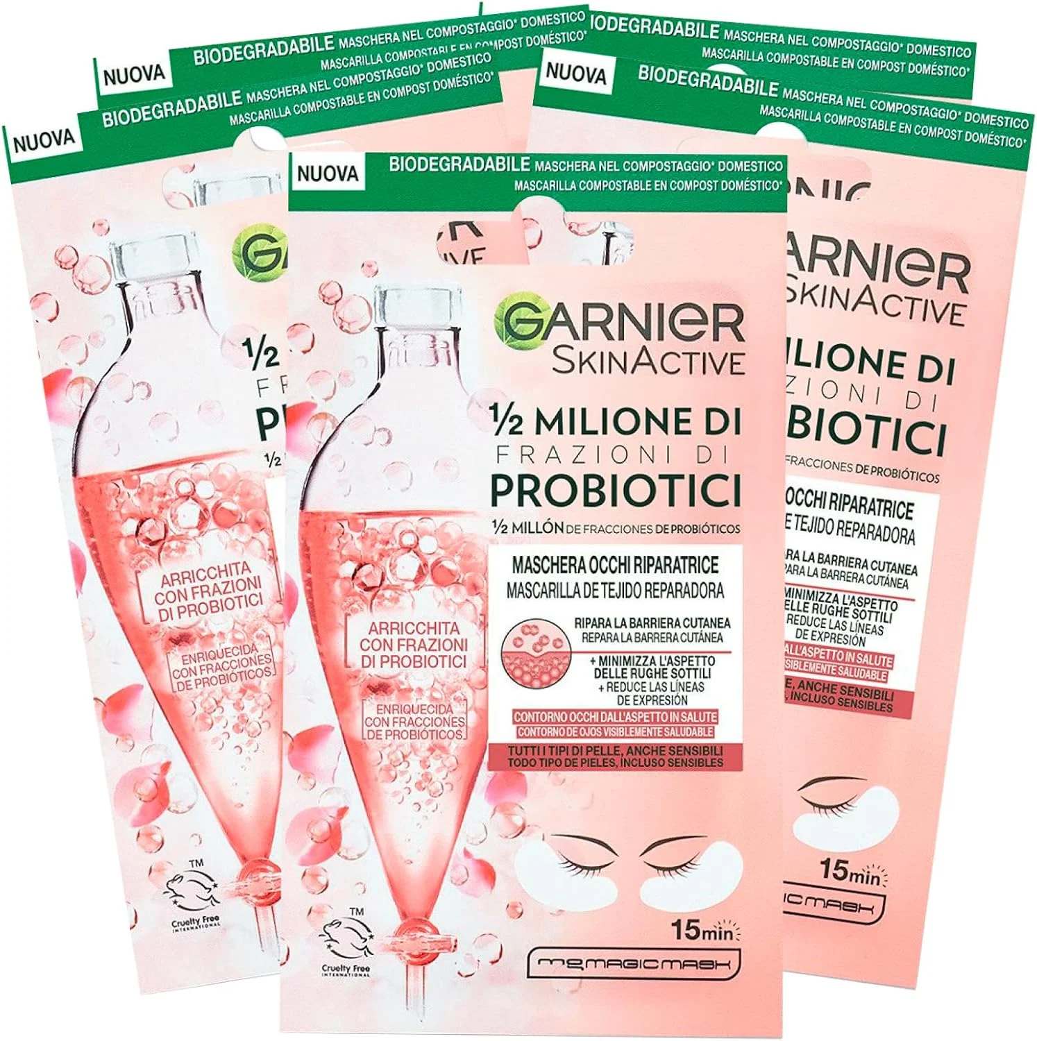ماسک دور چشم Garnier SkinActive برای ترمیم حاوی پروبیوتیک، مناسب انواع پوست، کاهش خطوط ریز، ساخته شده از پارچه تجزیه پذیر - 5 بسته تک عددی