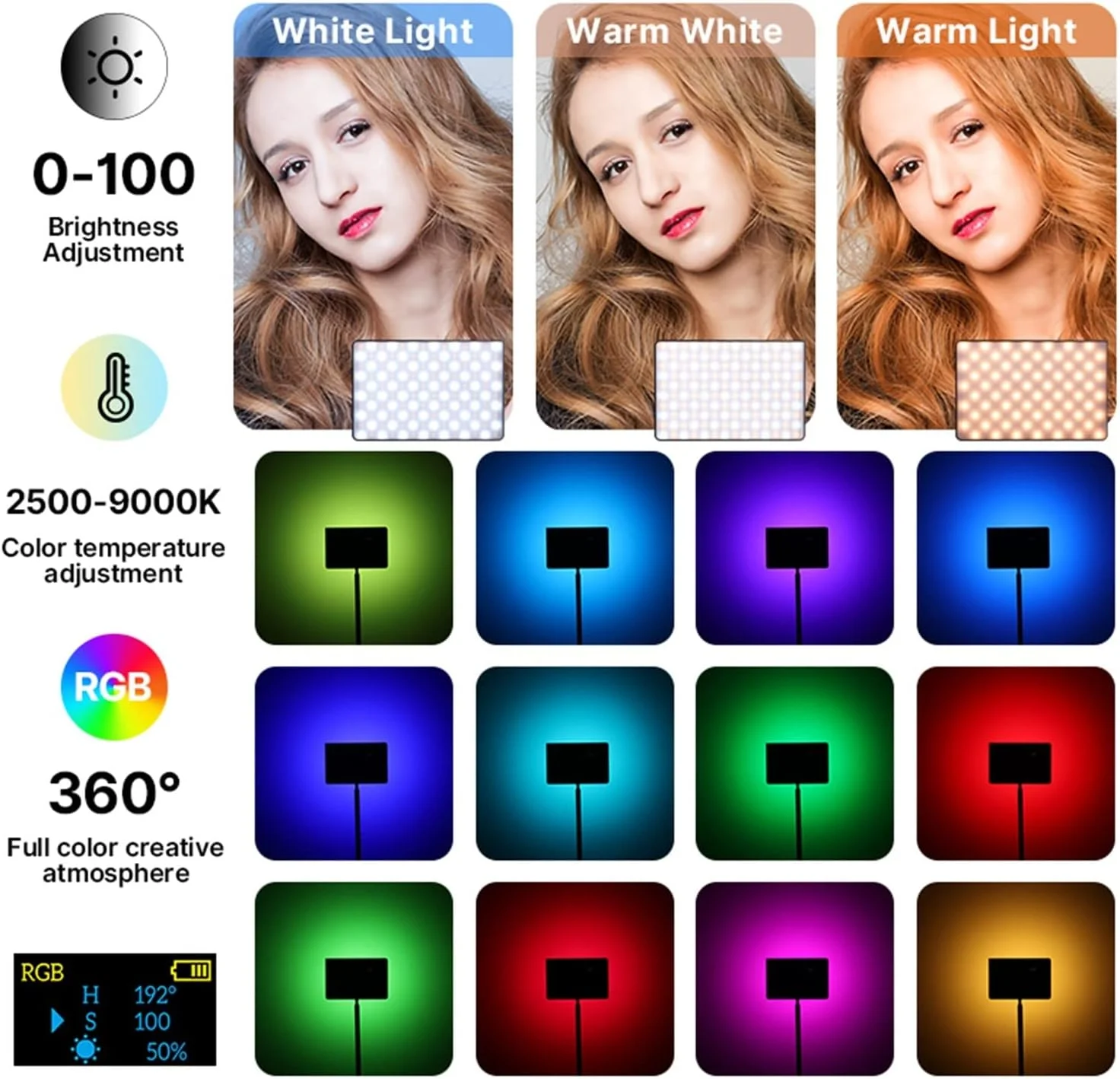 نور ویدئویی RGB مدل LT003، پنل نور تمام رنگی، 8000mAh، قابل تنظیم 2500-9000K، CRI 95+، لامپ استودیویی عکس، 266 مهره، مناسب پخش زنده