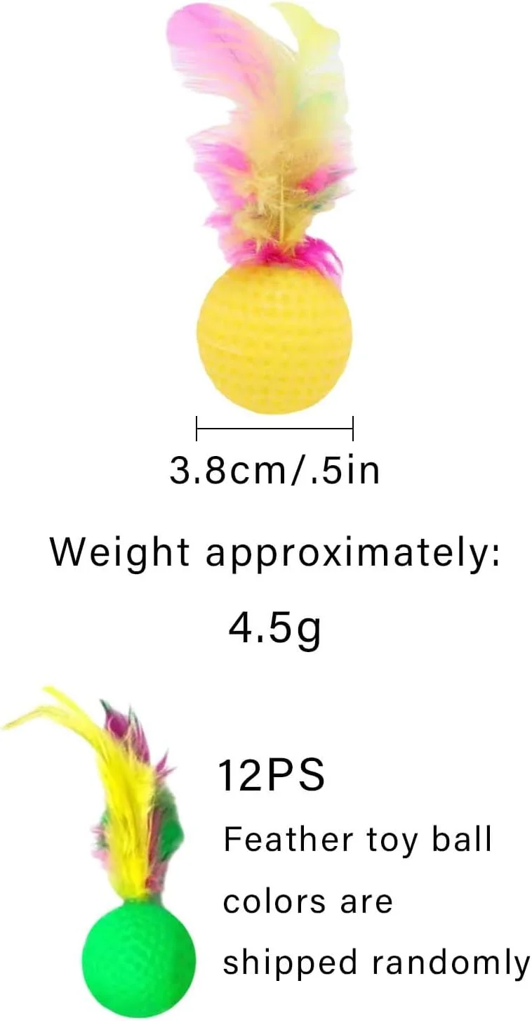 بسته ۱۲ عددی توپ بازی گربه با پر، توپ بازی گربه، توپ فومی رنگارنگ بچه گربه، اسباب بازی گربه، توپ لاتکس گربه، اسباب بازی، توپ تعادلی برای گربه ها