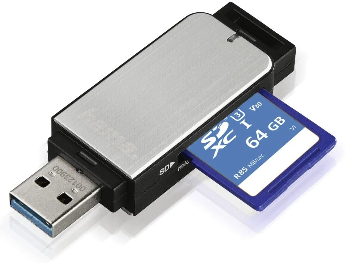 هاما | کارت خوان USB 3.0 برای کارت های حافظه SD/MicroSD | آلومینیوم/نقره ای هاما | کارت خوان USB 3.0 برای کارت های حافظه SD/MicroSD | آلومینیوم/نقره ای