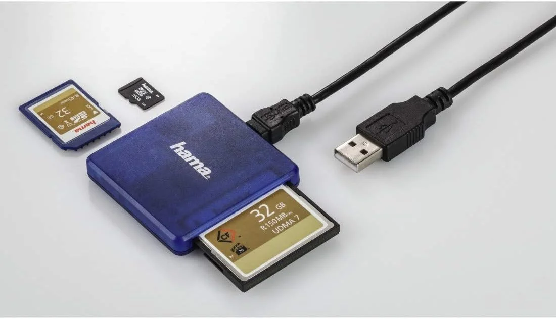 کارت خوان چند منظوره هاما 124131 USB 2.0 برای کارت های SD/microSD/CF، آبی