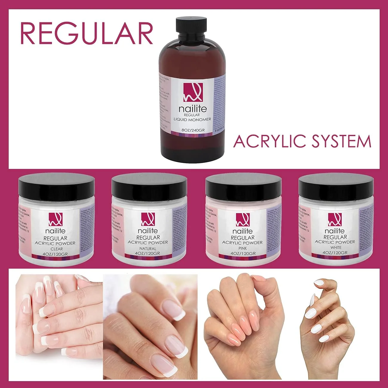 پودر اکریلیک حرفه ای برای کاشت ناخن، سیستم خشک شدن آهسته، فرمول EMA و اثر ضد زردی - صورتی (226 گرم)