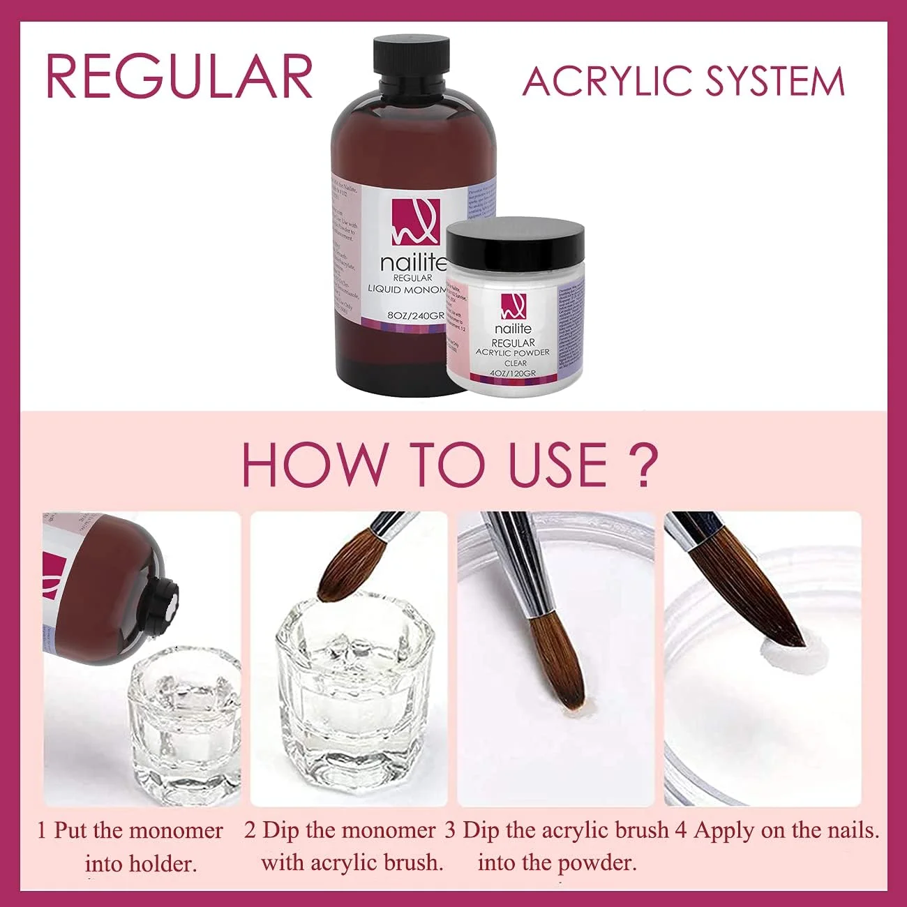 پودر اکریلیک حرفه ای معمولی برای کاشت ناخن، سیستم خشک شدن آهسته، فرمول EMA و اثر ضد زردی - شفاف (226 گرم)