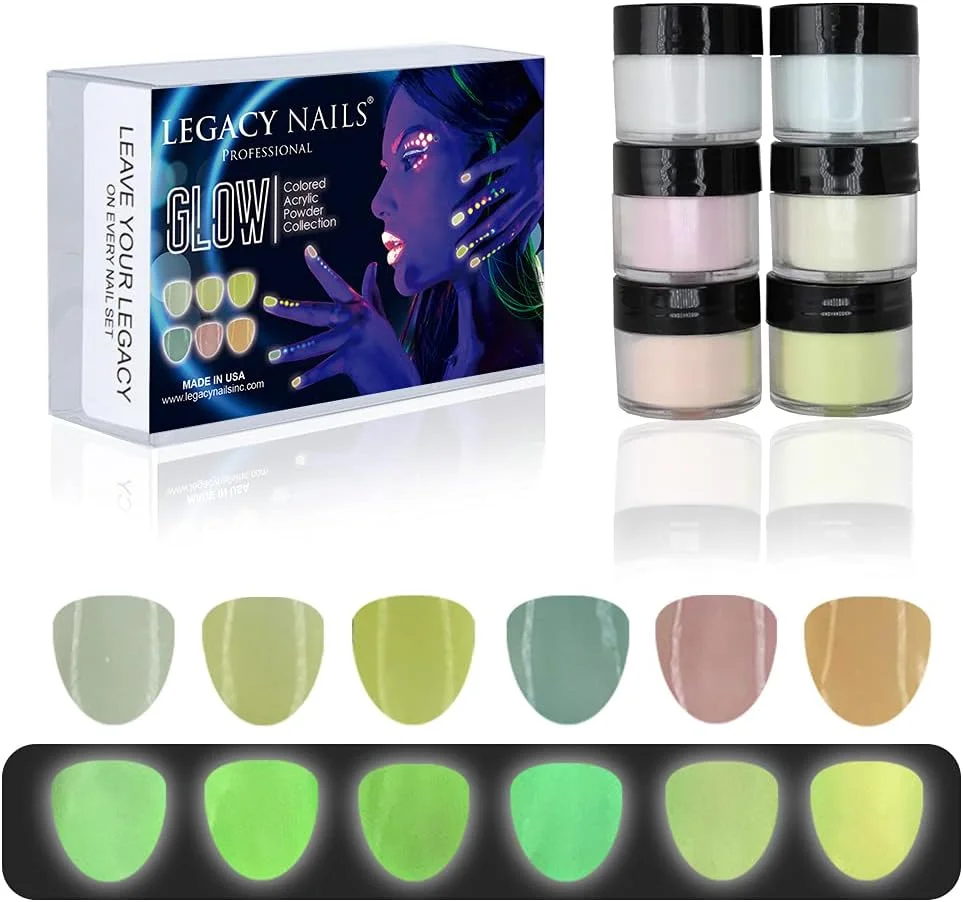 مجموعه پودر اکریلیک حرفه ای Legacy Nails، ست طراحی ناخن 6 رنگ برای مانیکور DIY، مناسب برای دیپ و اکستنشن ناخن اکریلیک (مجموعه GLOW)