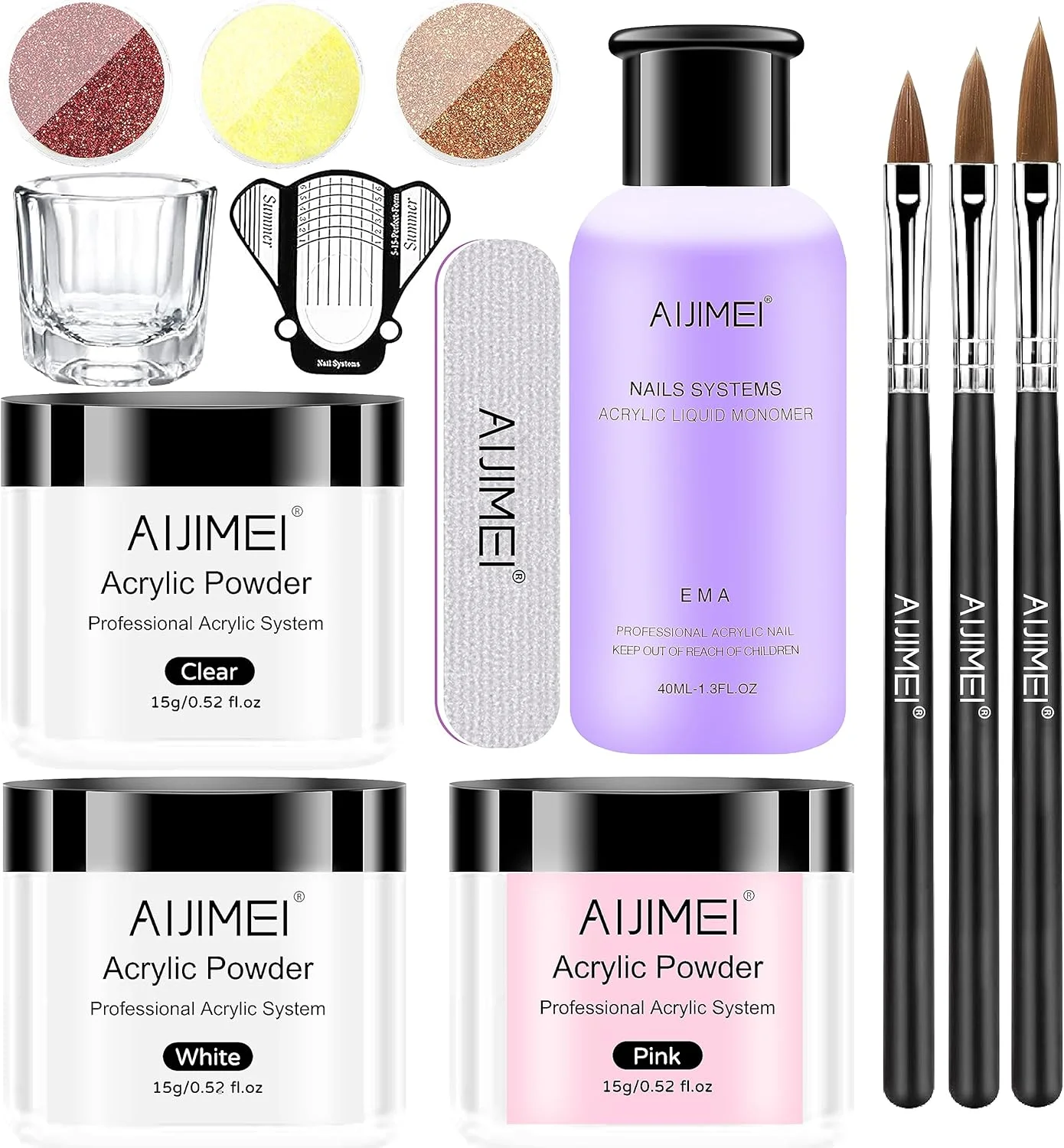 ست پودر و لیکوئید کاشت ناخن آکریلیک AIJIMEI، پودر آکریلیک، لیکوئید مونومر، ست طراحی ناخن، ابزار تزئین ناخن، اکستنشن ناخن
