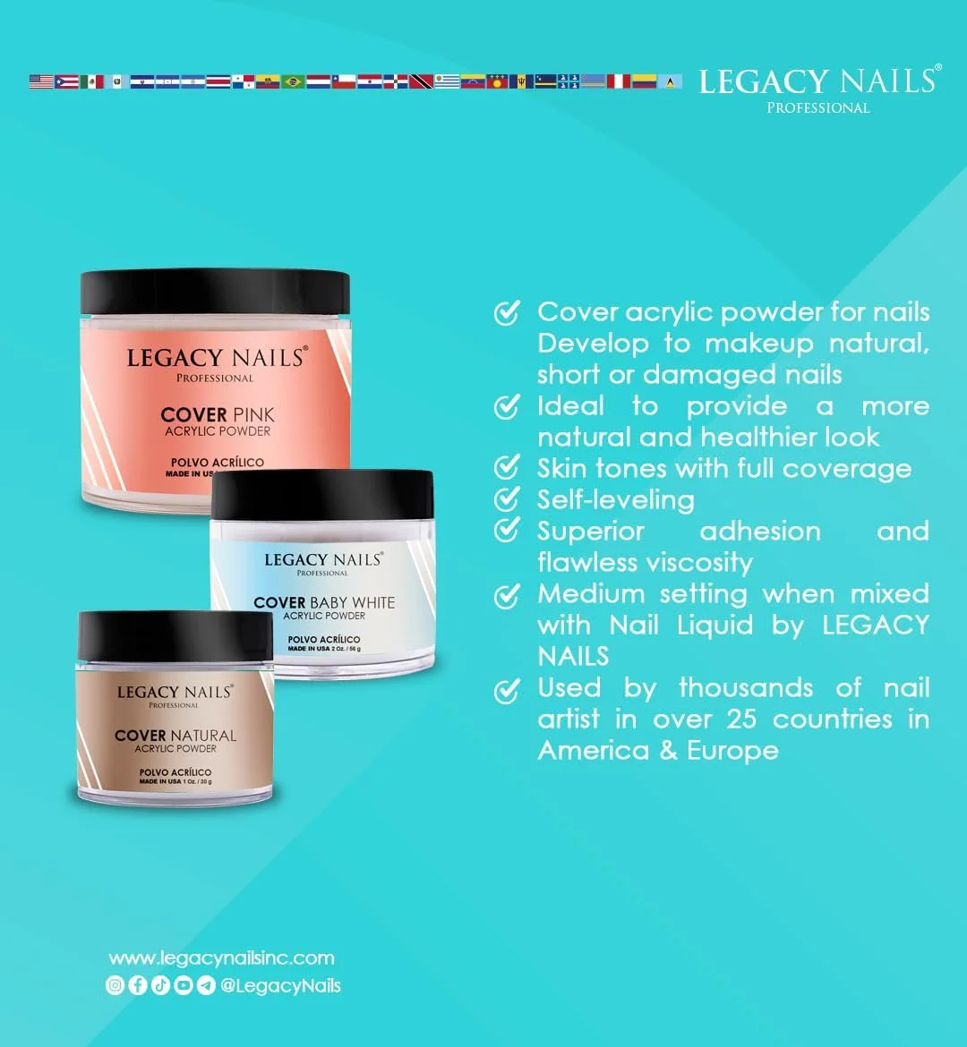 پودر اکریلیک پوششی ناخن Legacy Nails در رنگ های هلویی، رز، برهنه، سفید و صورتی 2oz (برهنه)