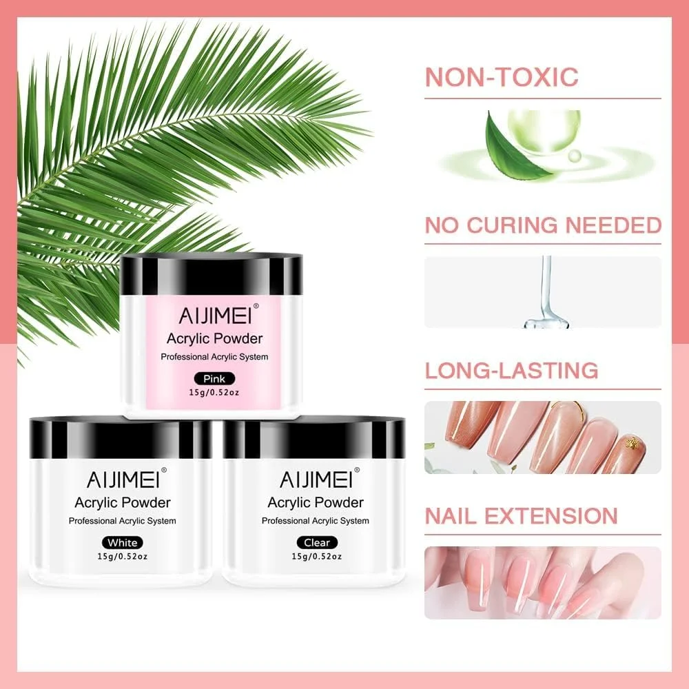 ست پودر و لیکوئید کاشت ناخن آکریلیک AIJIMEI، پودر آکریلیک، لیکوئید مونومر، ست طراحی ناخن، ابزار تزئین ناخن، اکستنشن ناخن