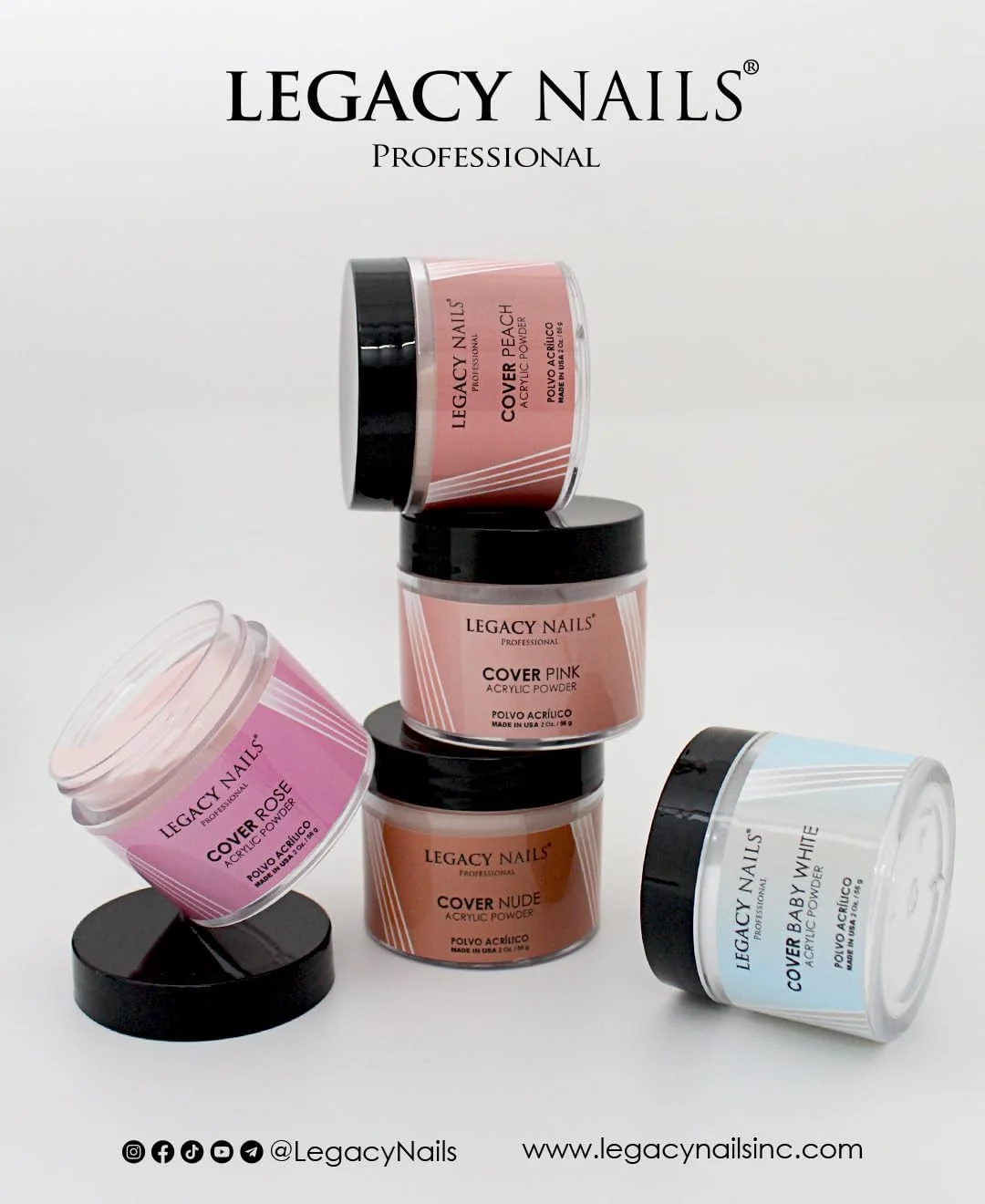 پودر اکریلیک پوششی ناخن Legacy Nails در رنگ های هلویی، رز، برهنه، سفید و صورتی 2oz (برهنه)