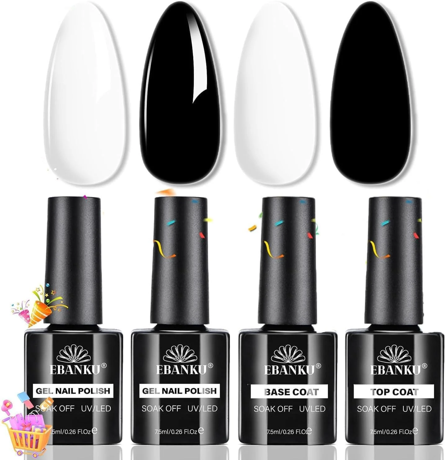 ست لاک ژل ناخن سفید و مشکی، 2 عدد لاک سفید و مشکی با تاپ کت و بیس کت، ماندگاری بالا، براق، قابل برداشتن با استون، مناسب برای استفاده حرفه ای، سالن و منزل ست لاک ژل ناخن سفید و مشکی، 2 عدد لاک سفید و مشکی با تاپ کت و بیس کت، ماندگاری بالا، براق، قابل برداشتن با استون، مناسب برای استفاده حرفه ای، سالن و منزل