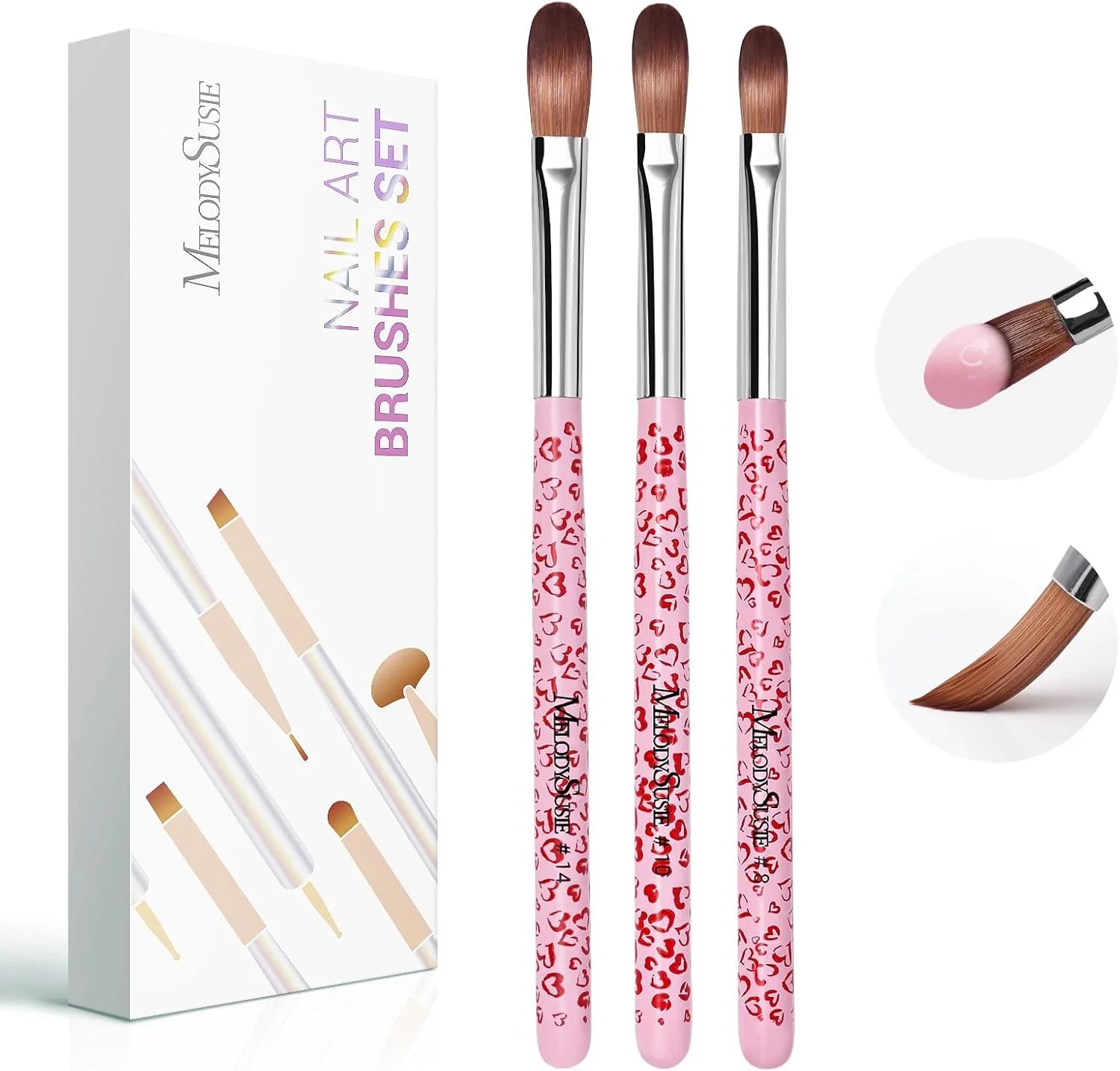 مجموعه 3 عددی قلم موی کاشت ناخن اکریلیک MelodySusie - سایزهای 8/10/14، ابزار حرفه ای طراحی ناخن برای استفاده اکریلیک، پودر، اکستنشن و حکاکی سه بعدی - صورتی