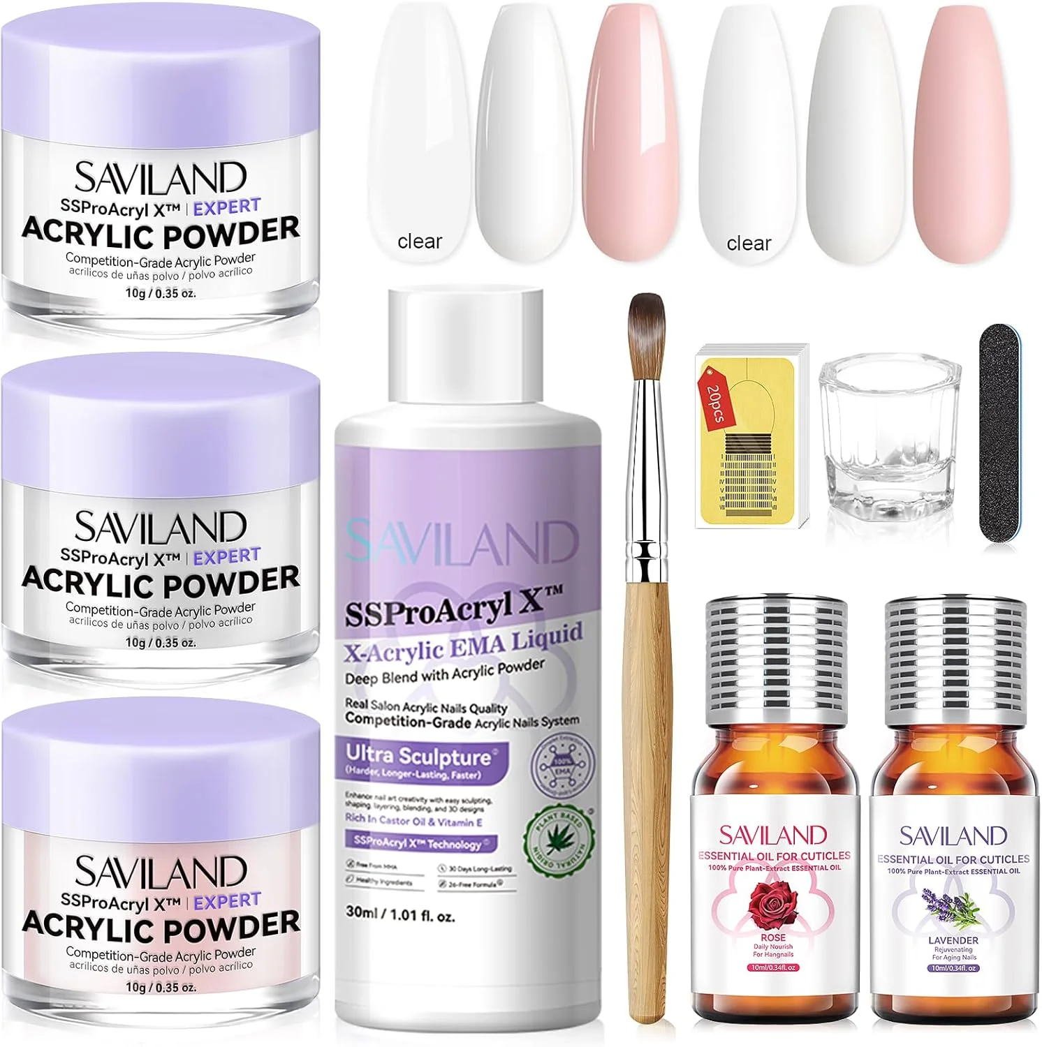 ست پودر اکریلیک ناخن SAVILAND برای مبتدیان: پودر اکریلیک سفید، صورتی و شفاف به همراه مایع اکریلیک، برس ناخن، قالب و روغن کوتیکول برای مانیکور ناخن در خانه