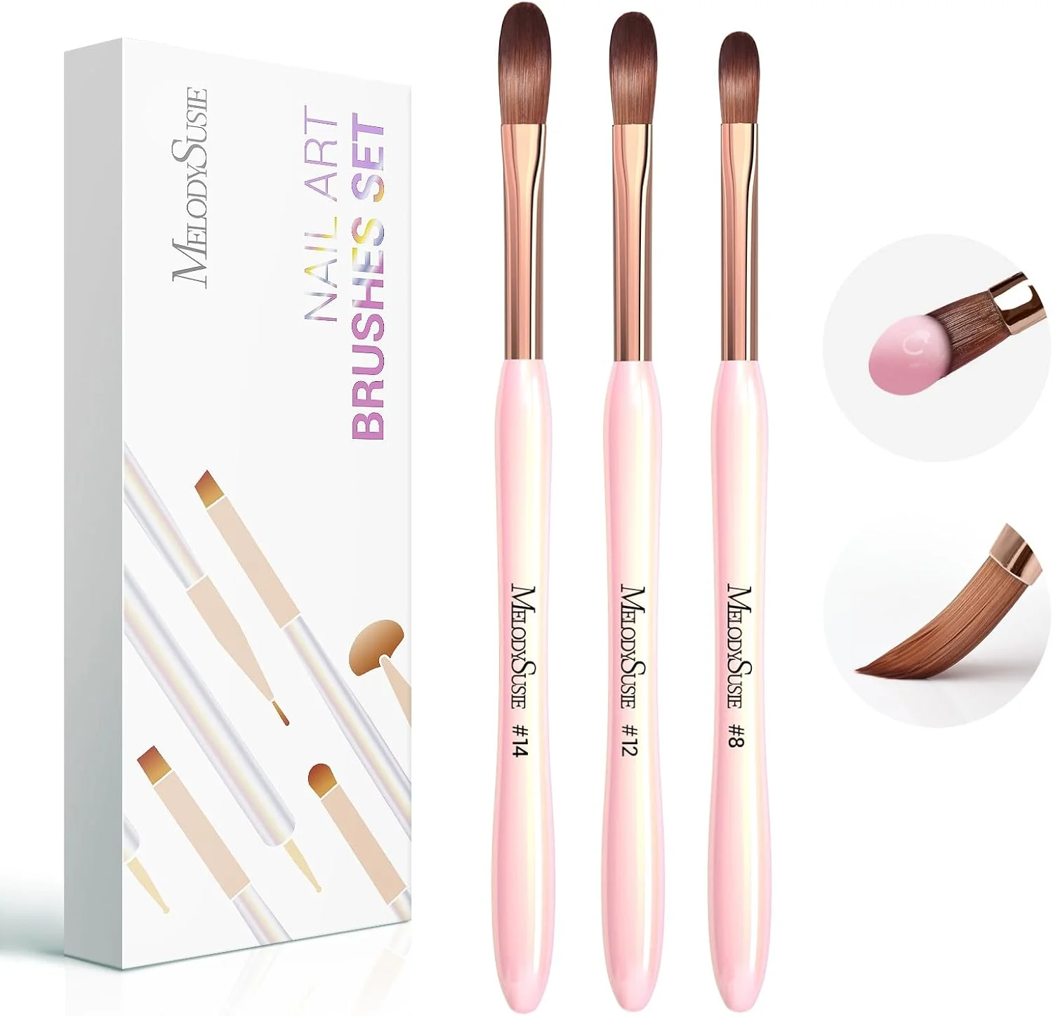 ست قلم موی کاشت ناخن اکرلیک MelodySusie، 3 عددی، سایز 8/12/14، قلم موی حرفه ای برای استفاده از پودر اکرلیک، کاشت ناخن و طراحی سه بعدی، مناسب برای استفاده شخصی در منزل و سالن های آرایشی، ابزار مانیکور ناخن، صورتی