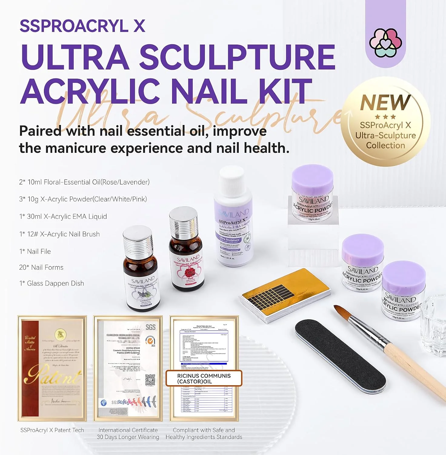ست پودر اکریلیک ناخن SAVILAND برای مبتدیان: پودر اکریلیک سفید، صورتی و شفاف به همراه مایع اکریلیک، برس ناخن، قالب و روغن کوتیکول برای مانیکور ناخن در خانه