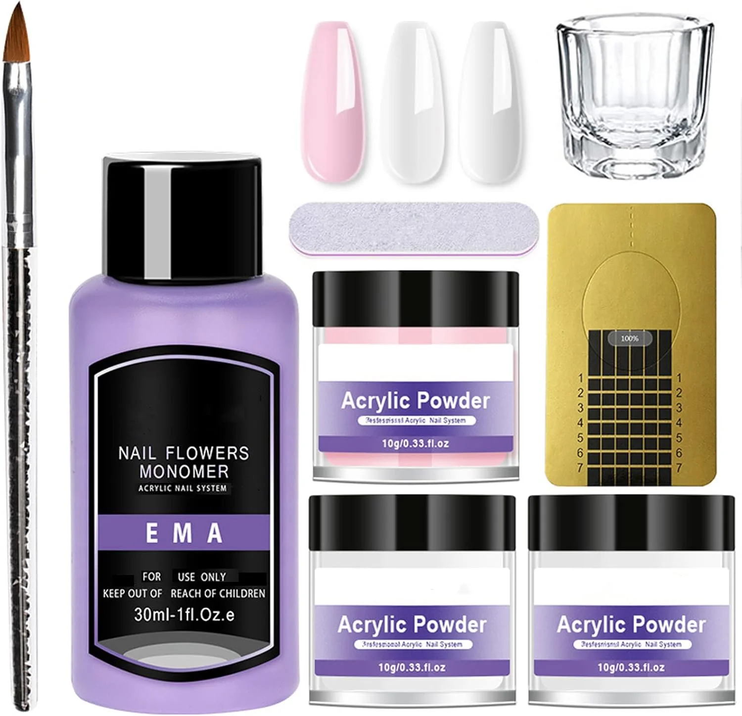 ست ناخن اکریلیک - ست پودر اکریلیک، ست کامل ناخن برای مبتدیان، طراحی و کاشت ناخن با قلم موی اکریلیک، رنگ های صورتی، سفید و شفاف