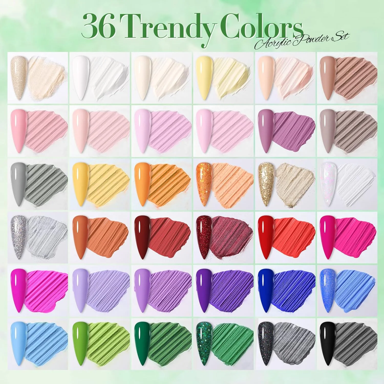 مجموعه پودر اکریلیک 36 رنگ Born Pretty - پودر ناخن اکریلیک صورتی کالباسی آبی زرد بنفش قرمز اکلیلی